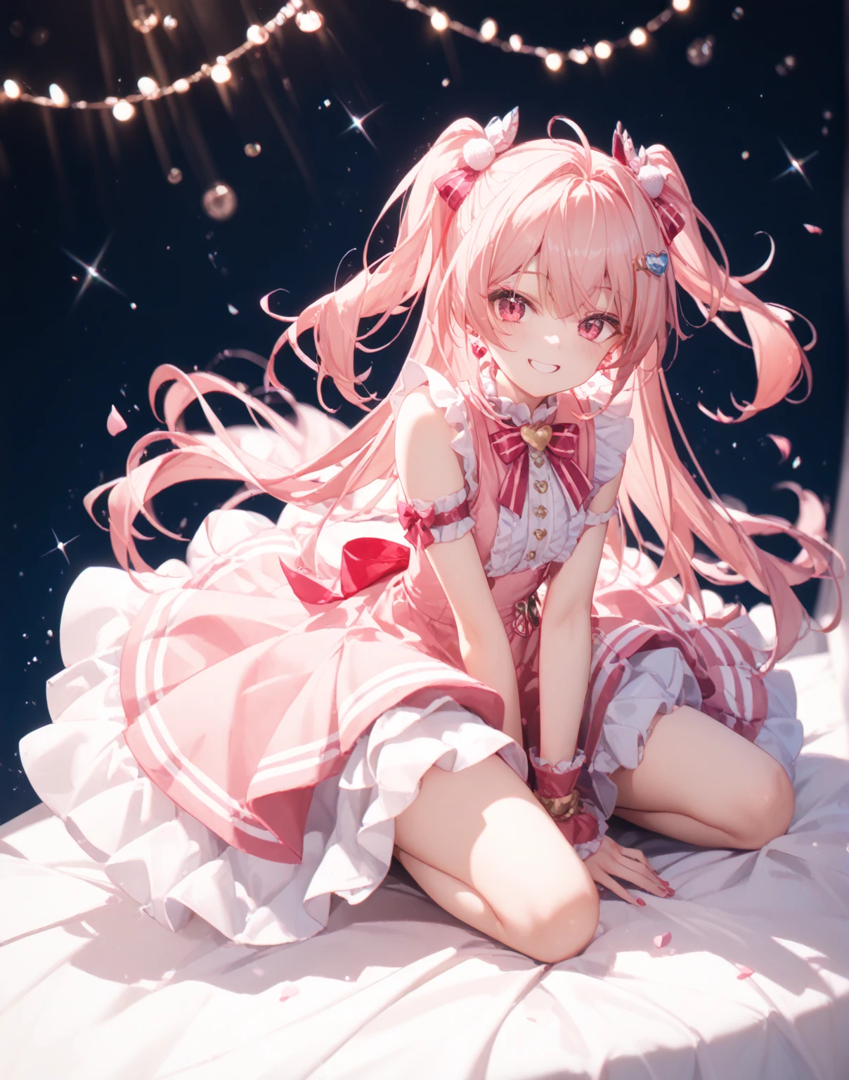 masterpiece, best quality,1girl, solo, long hair, ultimate madoka, yellow eyes, pink hair, gloves, planet, earth (planet), kaname madoka, dress, two side up,(kbxll:0.6)