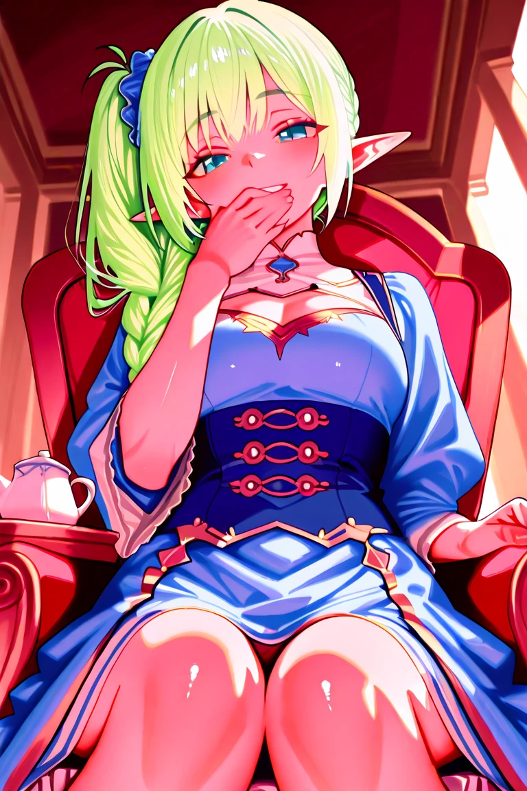 (((I want a elf woman, dark skin, white hair and green eyes, with full breasts and a thin waist, sitting alone in an armchair, holding a baby)))