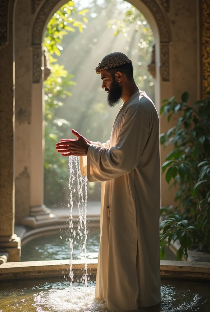 Man performing wudu at a water channel in Madinah, part of the irrigation system from the time of the Prophet