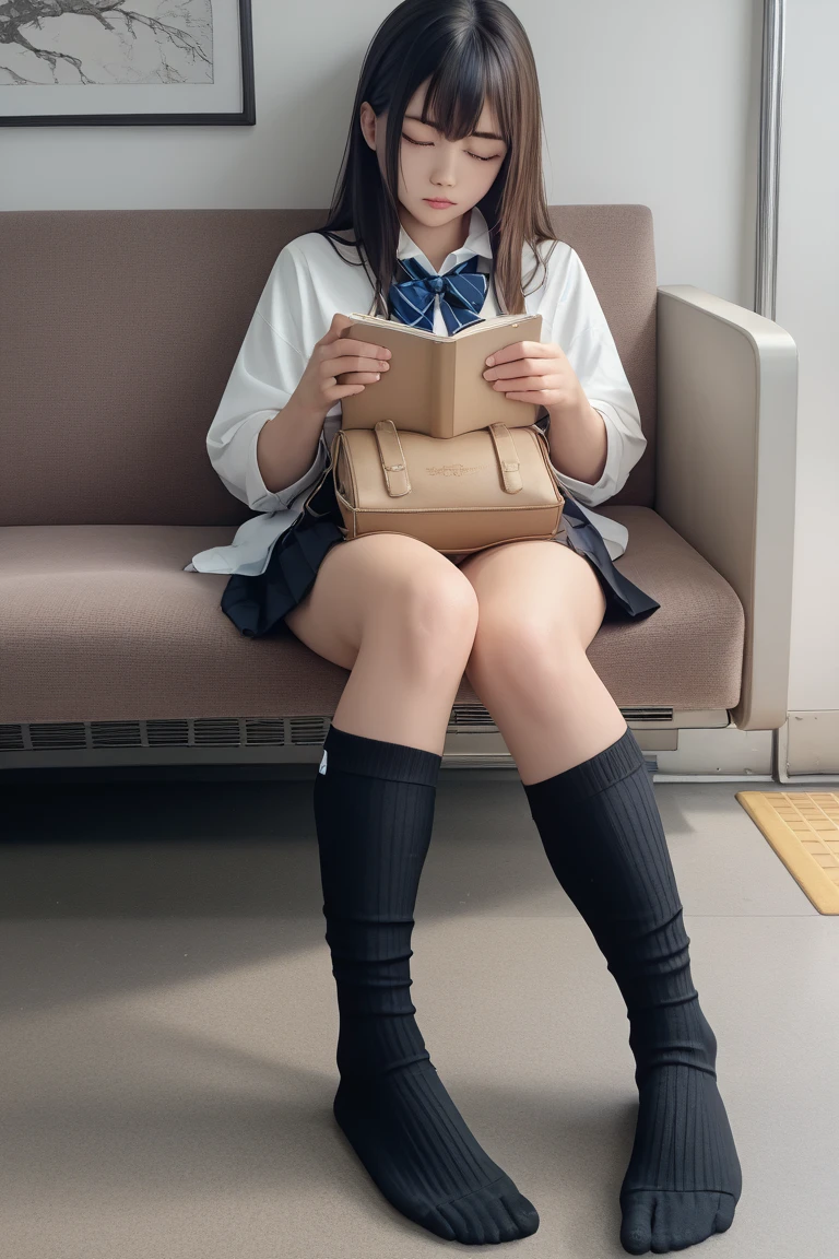 1girl,((Smooth black hair in a ponytail blowing in the wind,Clear black eyes)),((masterpiece,Very realistic,A detailed anime wallpaper:1.4)),((Perfect Anatomy:1.2)),((Front close-up photo)),Cute symmetrical face,CG Unity 8k,((Black long-sleeved sailor suit,black pleated mini skirt,Intellectual glasses,Black thigh-high socks:1.5)),8K quality,Extremely sophisticated digital art,((She is sitting on a bench with her legs spread and reading a book.:1.35)),A perfect, cute, and excellent girl,Looking at the camera with a gentle smile,A soothing smile,Very large breasts,Extremely detailed hair and face,Artistic pastel art,((A tree-lined road at dusk with autumn leaves fluttering beautifully:1.1)),((M-shaped legs spread on the bench:1.9)),Spread your legs,Professional Lighting,Supermodel,((Red lace sexy panties:1.09))