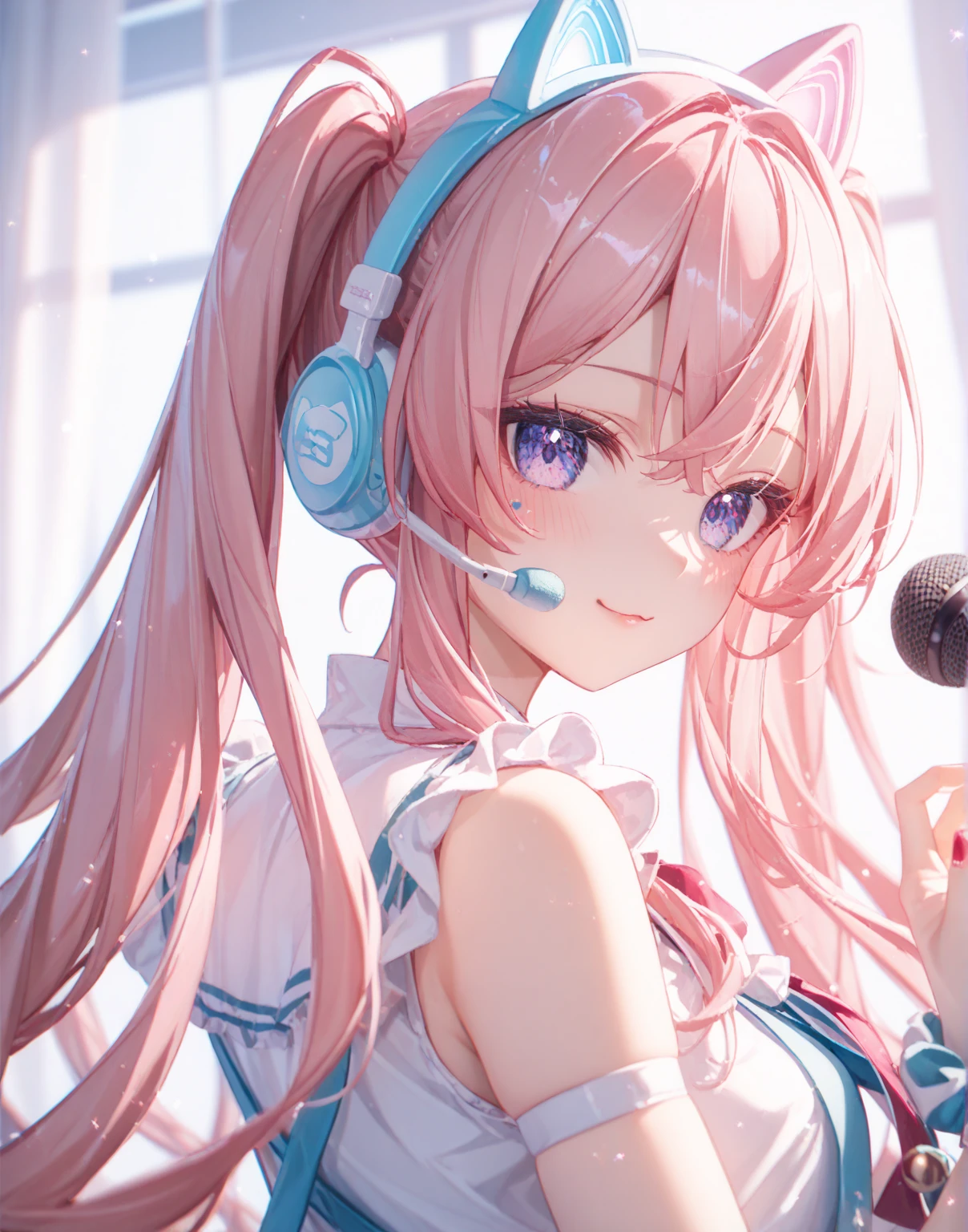 1girl, goddess of victory: nikke, pepper_(nikke),  ペッパー(勝利の女神_NIKKE), <lora:Pepper-LoRA:1>, pink hair, bangs, headphones, gloves, blue neckerchief,  sweater, thighs, blush, smile,  medium breasts, full body, bare shoulders, eyebrows visible through hair, headgear, long hair, looking at viewer, sweater dress, vest