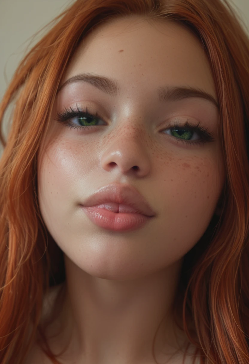 tiny ULTRA REALISTIC, cute girl, cute face, big green eyes, full lips, long orange red hair, skinny, huge breast, Extra huge ASS, thick thighs, pale skin, a lot of freckles, TINNY WAIST. close-up face