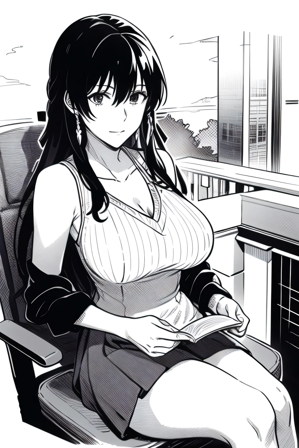 Can you draw a woman sitting on a chair and holding a novel book,can you draw a woman with a nice smile facing me,resting on the lakeside of a lake,,resting on the lakeside。I draw her expression more delicately,Faces are very important,can you draw a sleeveless dark blue micro miniskirt,Big Breastsでもウエストが細い,{{X}},I draw her expression more delicatelyいいですか,walking alone, city tour ,,(((She's casual ))), I have a SLR camera ,(Let's draw a more delicate look),(sleeveless wool sweater),( Pleated Legs,white panties),(That work is enough for one person {X} why don't you draw the perfect balance to prevent destruction)、 That's enough,frown。unless the job requires it。 {X}、 , An attractive 40-year-old woman takes off her uniform, BIG BLACK WAVY HAIR, , Big Breasts, thin waist , , ,