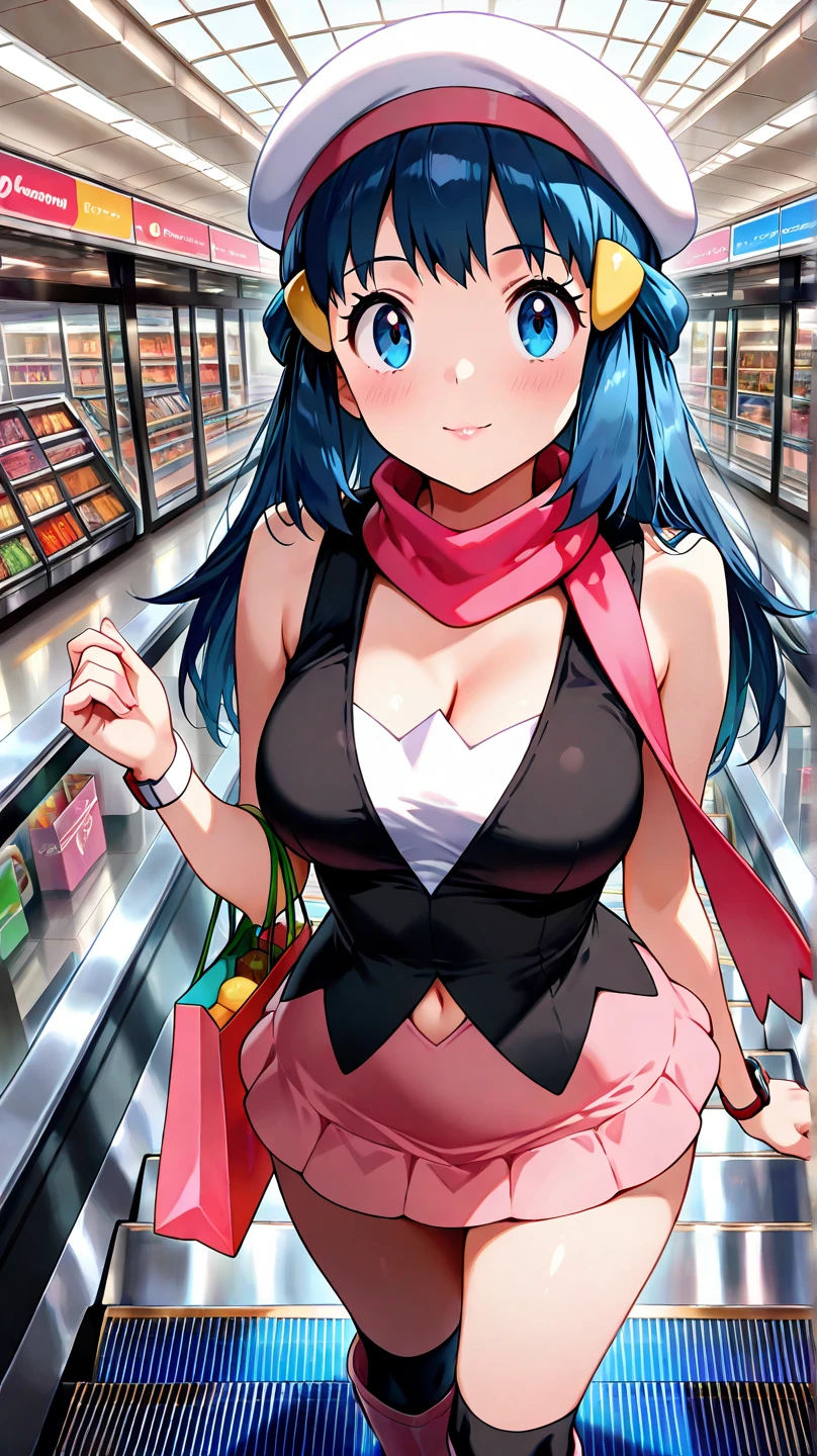 best quality,4k,8k,highres,masterpiece:1.2,ultra-detailed,realistic:1.37,portrait,illustration,girldawn \(pokemon\), beanie, long hair, blue hair, blue eyes, black sleeveless shirt, pink scarf, pink skirt, pink boots, body shape, curvy, downblouse, visible navel, chubby thighs,beautiful detailed eyes,beautiful detailed lips,detailed facial features,shopping mall,joyful expression,colorful clothing,modern fashion,shiny floors,large glass windows,brand name stores,shopping bags,escalators,crowded aisles,bustling atmosphere,shopping spree,happy atmosphere,vivid colors,soft natural lighting