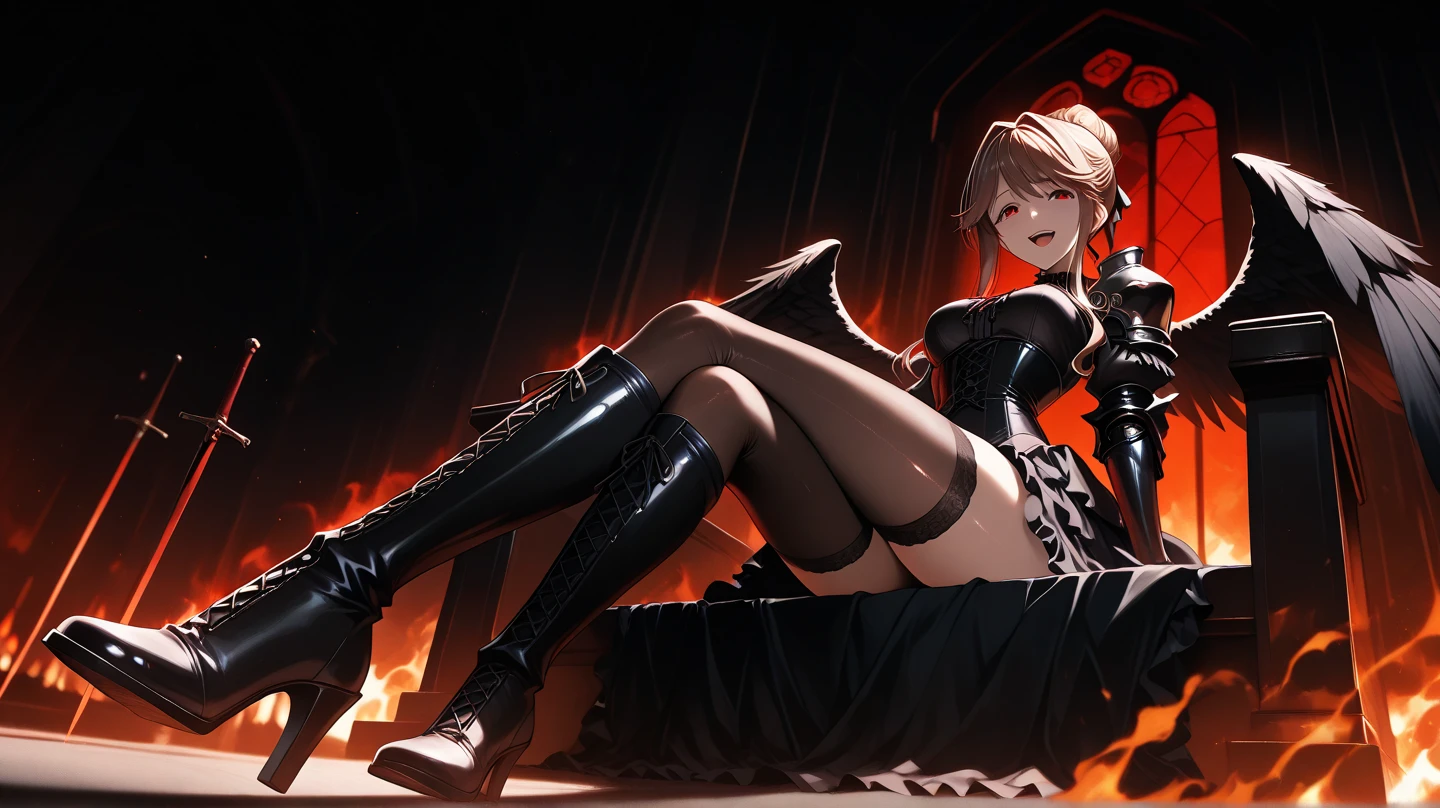 High resolution,Sharp focus,(Super detailed,Very detailed),(Very detailed CG unity 8k wallpaper),(((Vibrant colors))),{best illustration},
Complex eyes,Beautiful fine details,Symmetrical eyes,Big eyes:1.5,Seductive eyes,(complete anatomy),
One Girl,Blonde,Shiny Hair,short hair,hair band,Brown eyes,age,cute,
very shiny 肌,Shiny body,plastic glitter 肌,exaggerated shiny 肌,illuminated skin,
Big Breasts,glamorous,Tight waist,Long legs,curve,Cleavage,erotic,Bold,Revealing clothing,show 肌,
(Realistic eyes, Natural skin texture, Realistic facial details),pale skin, white hair, red eyes, crop top, sleeveless, black skirt, choker,Black shoulder armor,glowing eyes,Wearing a tattered black cloak,
large sword with sharp red and black decorations, tattered black dress,Black Thigh Boots,An effect like a red thread floating in the air,Black underwear, Arrogant look, Domineering smile, Carrying weapons on the shoulders, Sitting on the throne,Get on one knee,Put your hand on your cheek,Dark Space,Cinematic,flame in background,Burning ruins falling to the bottom of the sky,
final battle,night,Sparks fly,Reflection of the flames,sparkle, light particles, (The view is from very close below:1.5), (looking away:1.4),
