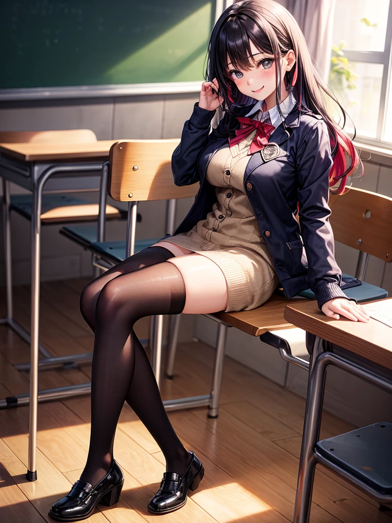 ((8K, RAW Photos, of the highest quality, Masterpieces), high definition RAW color photos professional close-up photos, (Realistic, Photorealism: 1.37), (Highest Quality), (Best Shadows), (Best Illustrations), 鎖骨 ((Big)), ((Erotic, Sexy, Ultra High Resolution, High Definition CG Unified 8K Denden Wallpaper, Physically Based Rendering, Movie Lighting), (aegyo sal:1), 20 year old girl, (grey blazer, bow ribbon, Choker, High School Uniform: 1.2), High School Classroom, Beautiful detail eyes, Light on the Face, ((Full body shot: 1.2)), especially strong light, (Upper Eyes, Shy:1.2),Shiny skin, (((Black hair, Long hair:1.2))), (Slender legs), ulzzang -6500-v1.1:0.2, Shy, (The Flash:1.2), NSFW , ((enchanting posture: 1.2, Attractive: 1.2)), (idle), ((Sitting on a desk in a classroom: 1.2)), ((Good anatomy: 1.2)), ((Bright and refreshing classroom, the background is blurred: 1.2)), Perfect face, Cute face, (high-angle shot:1.2),((Ultra short skirt: 1.2)),((overknee socks: 1.2)), Perfect legs, Slender legs