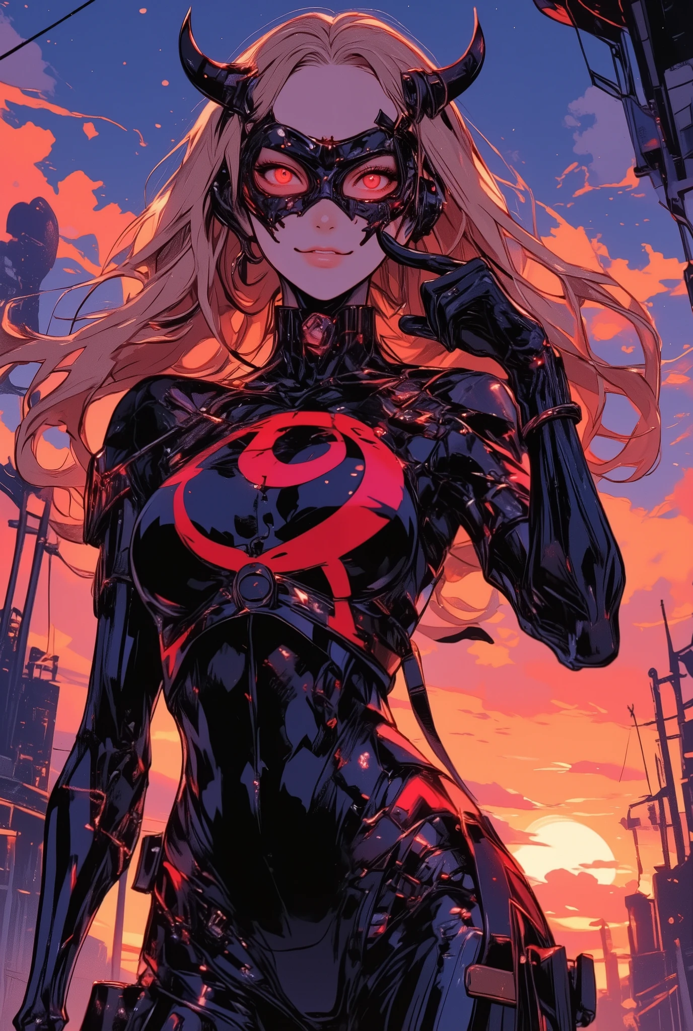 cinematic anime-style bust portrait of a glamorous villainess inspired by Doronjo from Yatterman, wearing a black and red bodysuit with a large red "D" emblem, sharp mask over her eyes, elegant black gloves, long flowing blonde hair, smirking with confidence, hands on hips or one finger on chin, dramatic sunset sky in the background with airship silhouette, bold cel shading, vivid colors, 2D animation style like a retro-modern anime film, charismatic and mischievous villainess,retroanime