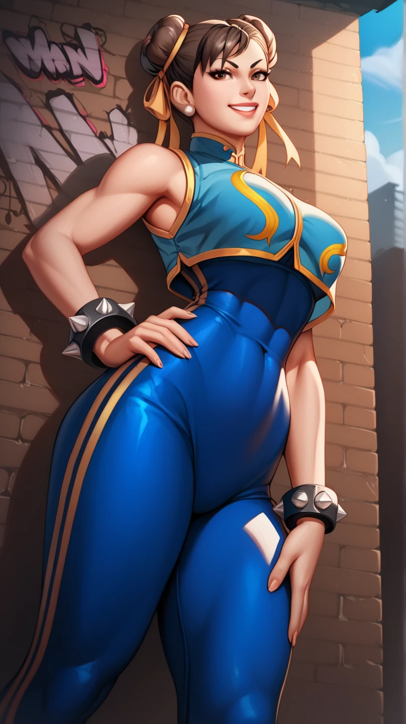 Chun-Li,linda jovem com uniforme azul classico, coxas grossas, belas coxas sexy,um pouco muscolosa, cabelo preso, black tights, floresta,noite ceu estrelado, Standing alone.solo,roupa azul