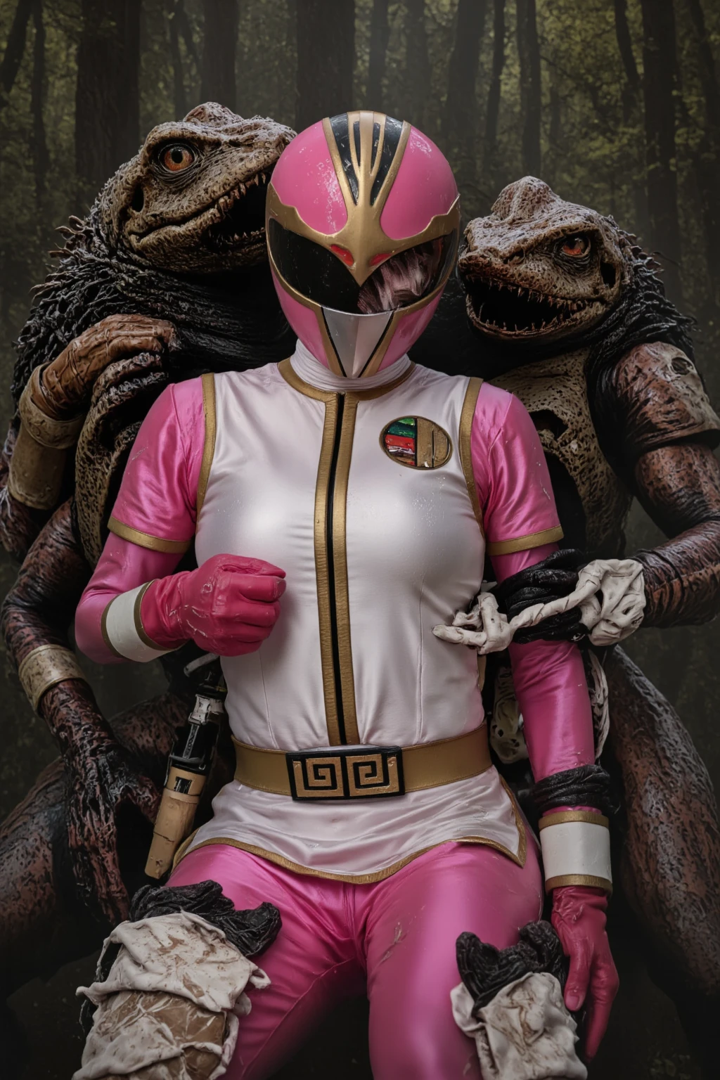 (((highest quality, High resolution, nffsw, perfect pixel, 4K, nffsw, nffsw, 8K wall paper))), 1 girl, single, alone, ((Beautiful woman)), I could see the whole body, ranger, ((Three-dimensional helmet:1.3)), ((helmet is pink:1.3)), (((pink helmet))), ((Full face helmet with no exposed face and head hair)), (gold line on the chest:1.1), Lines on the sides of the suit, a belt, (((white suit, pink gloves, pink footwear:1.3, pink boots, white china miniskirt))), ((smooth texture:1.3, realistic texture:1.3, realistic:1.3, nvidia high quality)), ((G cup large breasts)), (((big breasty whole body is sweaty))), perfect body, lean forward greatly, shot from below, (((spread legs))), ((multiple hands emerging from behind her)), (((hands of men are touching her crotch:1.5))), (((multiple hands:1.3))), (((hands of monsters are touching her lower body:1.5))), tentacles:1.3, ((tentacle Sex)), tentacle are winding her body, (((torn suit))), torn skirt, (((hands tear her suit))), (((Tentacles come out from inside china miniskirt:1.3))), (((dripping sticky milk from crotch:1.3))), ((tentacles come out of her suit)), ((tentacles parasite)), ((Tentacles grow from her suit)), (tentacle clothes), tentacle dress, tentacle costume, (((tentacle pit:1.5))), Sex, Leaning back, suffer, Panting, ((Anatomically correct)), ((raised both arms)), full body, outdoor, jungle, forests, swamp, darkness
