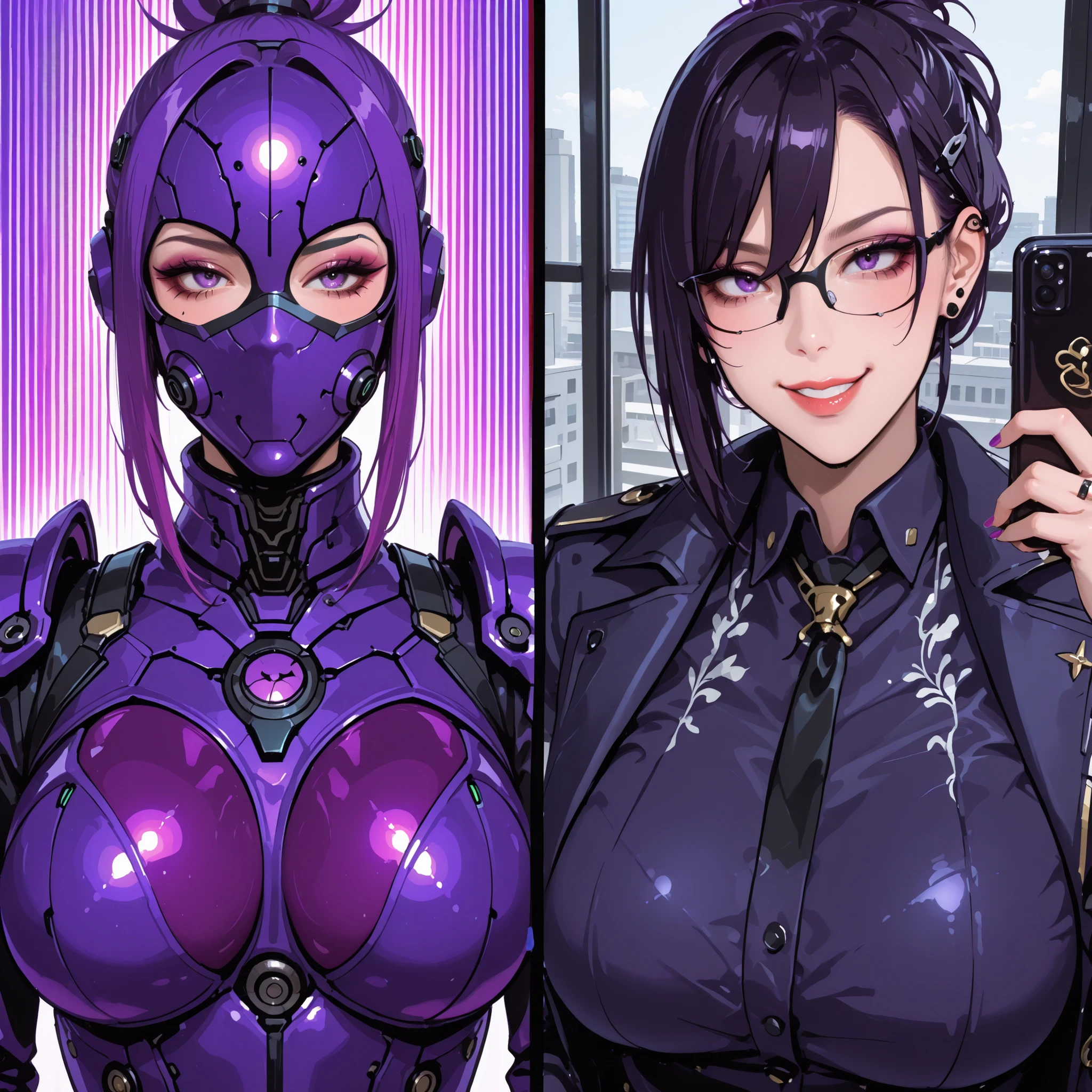 Split screen. Kaijin girl. Scorpion motif. Reddish purple image color. Biological bodysuit. Mechanical full face mask. Has a whip. Pert breasts. Spiky armor.