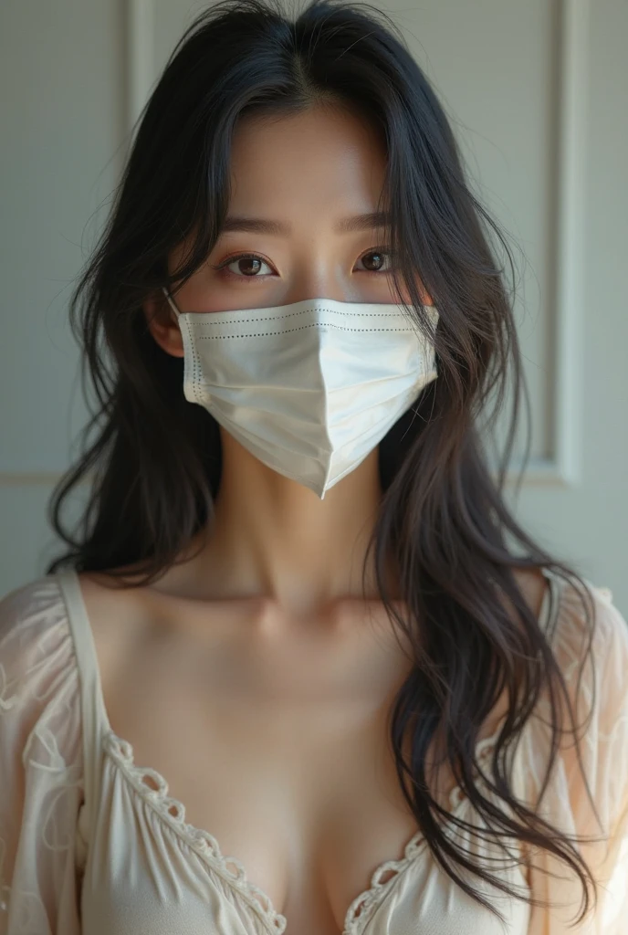 (masterpiece:1.3), (Photorealistic, Raw photo, Highest quality: 1.4), Skinny Japanese woman, 30 years old, (One Girl), (Back view), ((The entire face is covered by hair)), ((Wearing a mask over his mouth)), Not looking at me, Fine grain, (Black-haired, Long Hair:1.3), (Realistic Skin), (Silver Camisole), Ultra-high resolution, Surreal, High definition,