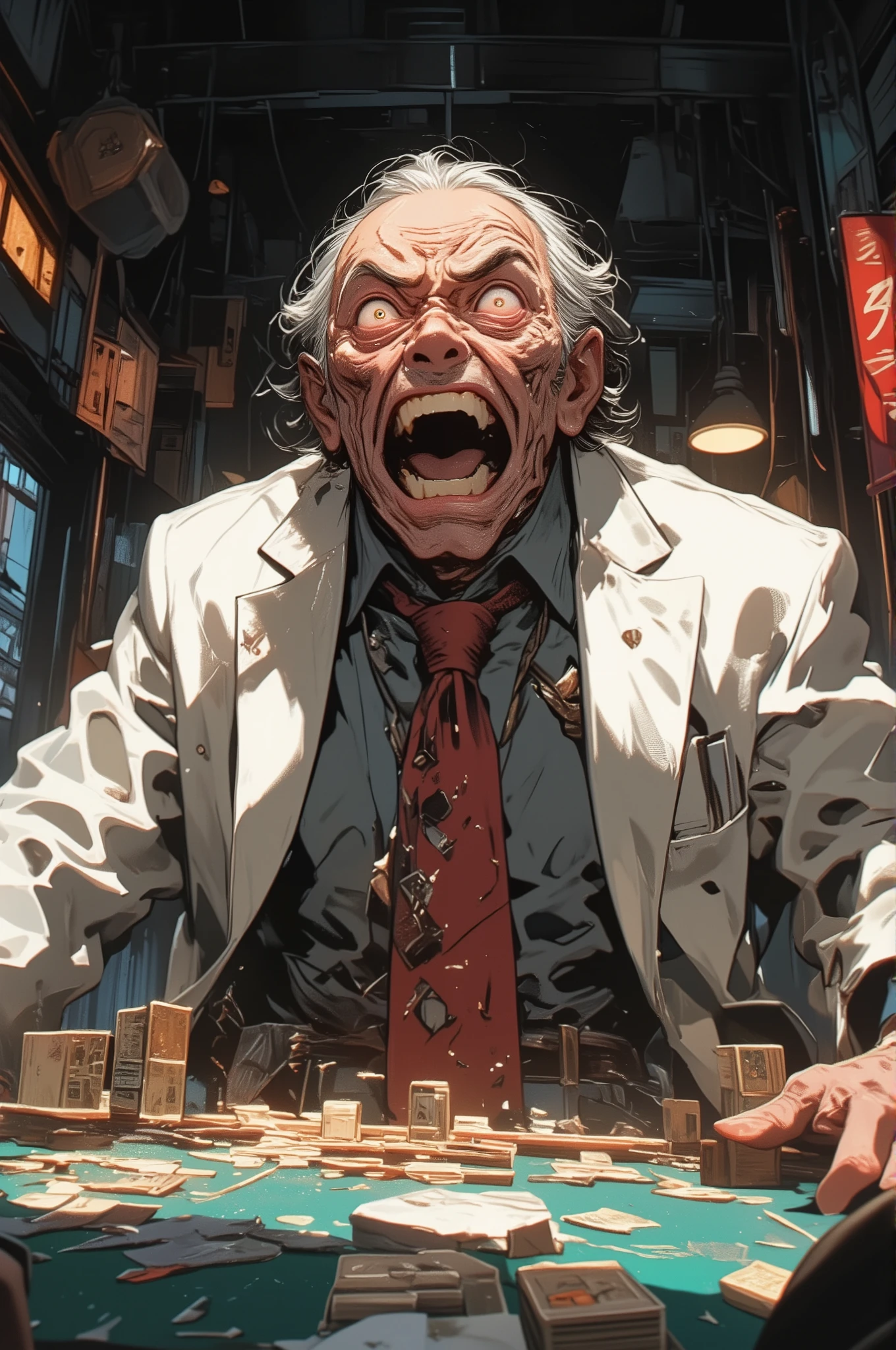 photorealistic cinematic portrait of an elderly man playing mahjong, inspired by Washizu Iwao, wearing a tailored white suit with a red tie, slicked-back gray hair, deep wrinkles and cold, calculating eyes, calm expression with a slight smirk, seated at a traditional mahjong table under a dim overhead lamp, hand extended to place a tile, white tiles on the table in sharp focus, dark wood-paneled room with luxurious yet oppressive atmosphere, high-detail lighting and shadows, intense psychological tension without supernatural elements
