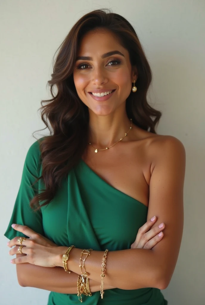 <lora:Ana Cheri:1> , fashion editorial style Professional close-up photo of anchrgrc woman wearing a green satin shirt, golden hour, on the beach, smiling, best quality, shot of digital camera, < high fashion, trendy, stylish, editorial, magazine style, professional, highly detailed