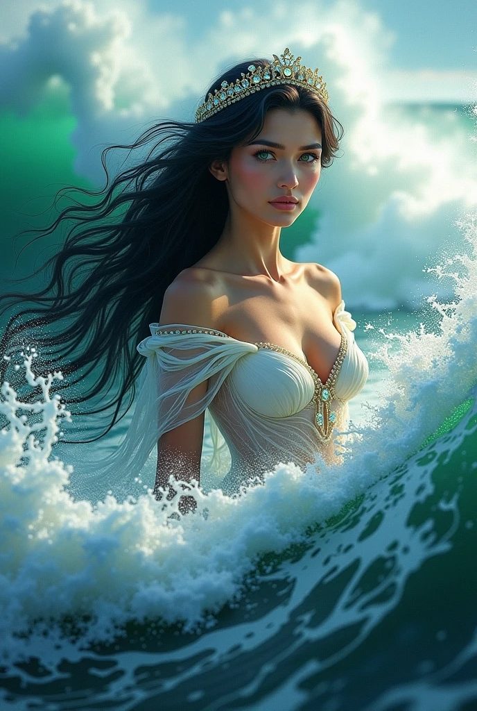 front view oil painting of a woman with face of Winona Ryder morphed with Angelina Jolie laughing with gigantic hairdo, laying back ona a water surface, upper body pointing up from water surface like two islands, tears of joy, golden hour colors, stunning digital illustration, beautiful fantasy art portrait, a beautiful artwork illustration, charlie bowater rich deep colors, artstyle tom bagshaw, beautiful digital illustration, beautiful fantasy portrait, portrait of a dark fantasy nymph, exquisite digital illustration, in style of anna dittmann