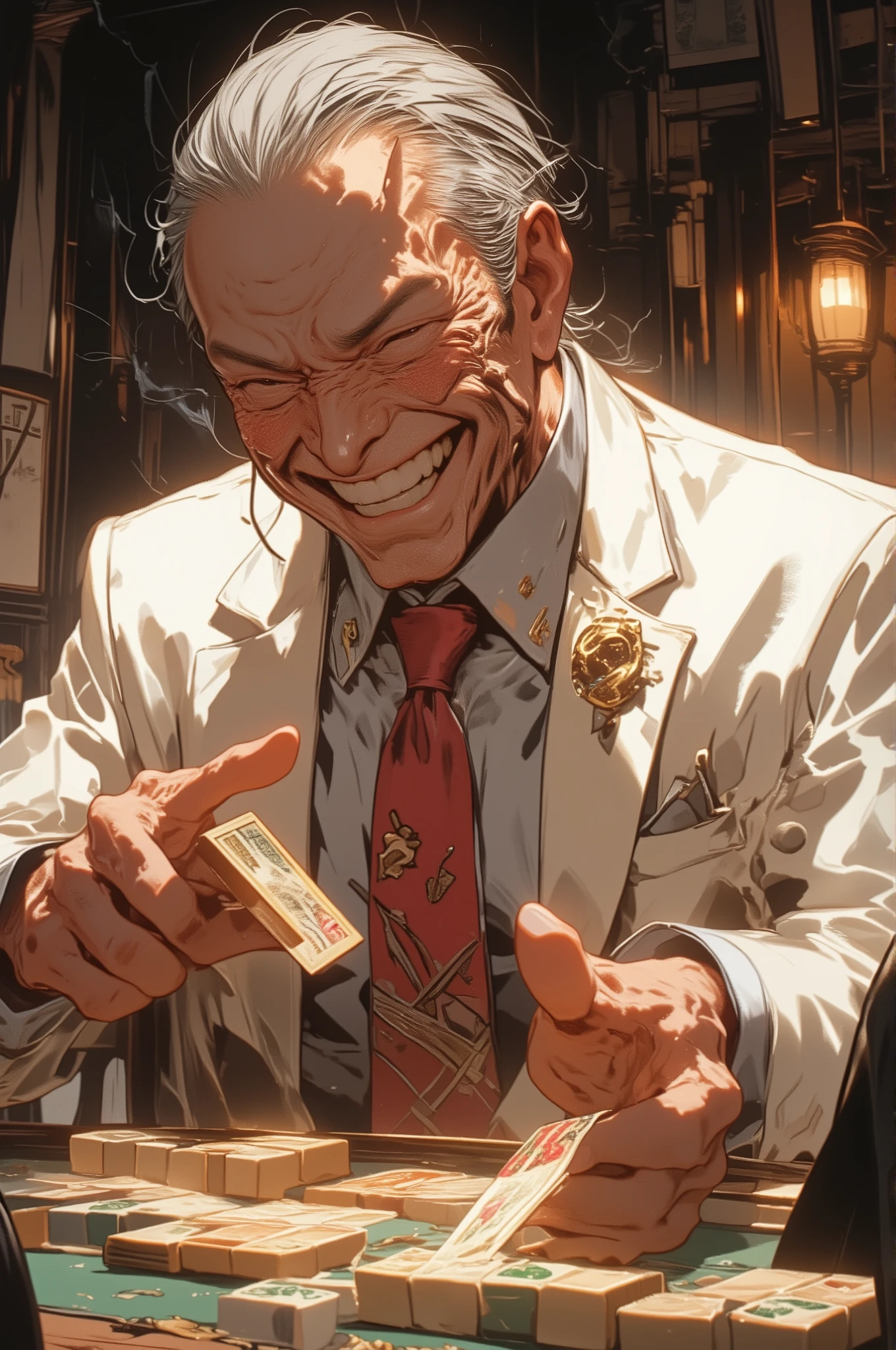 photorealistic cinematic portrait of an elderly man playing mahjong, inspired by Washizu Iwao, wearing a tailored white suit with a red tie, slicked-back gray hair, deep wrinkles and cold, calculating eyes, calm expression with a slight smirk, seated at a traditional mahjong table under a dim overhead lamp, hand extended to place a tile, white tiles on the table in sharp focus, dark wood-paneled room with luxurious yet oppressive atmosphere, high-detail lighting and shadows, intense psychological tension without supernatural elements