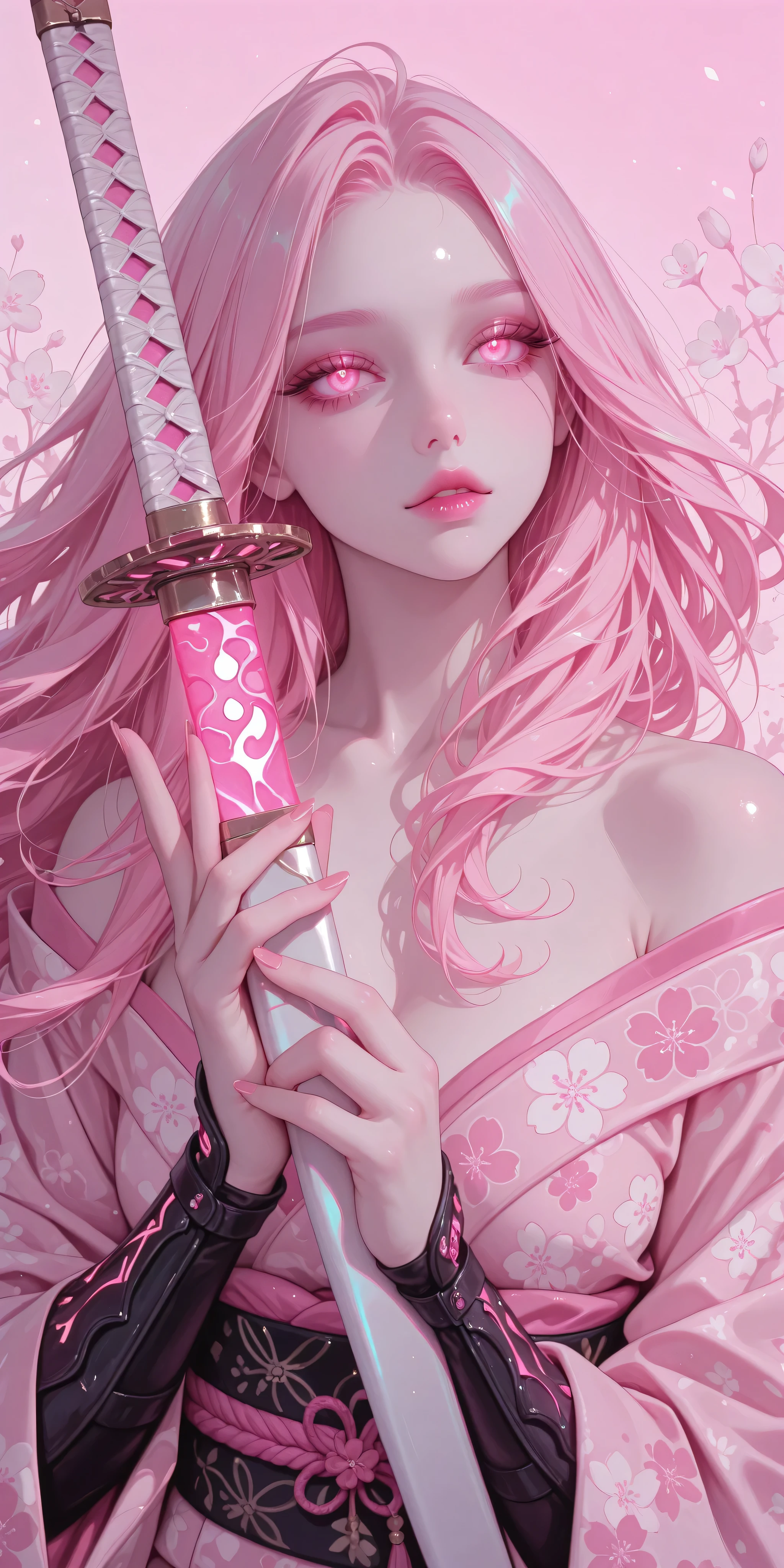 A young woman poses confidently, wearing an ornate pink kimono with floral patterns and matching arm guards. She holds a katana with both hands, exuding a fierce yet graceful presence. Her long, flowing hair cascades down her shoulders, contrasting with the soft pink background. The outfit is detailed, featuring layers and textures that emphasize a traditional yet strong warrior aesthetic.dynamic pose, dynamic angle, tight, thicc, glowing pink to violet long hair, glowing pink eyes, detailed eyes, close up, pastel color, grayscale, vibrant colors, vibran nude pink lips, more detailed eyes
