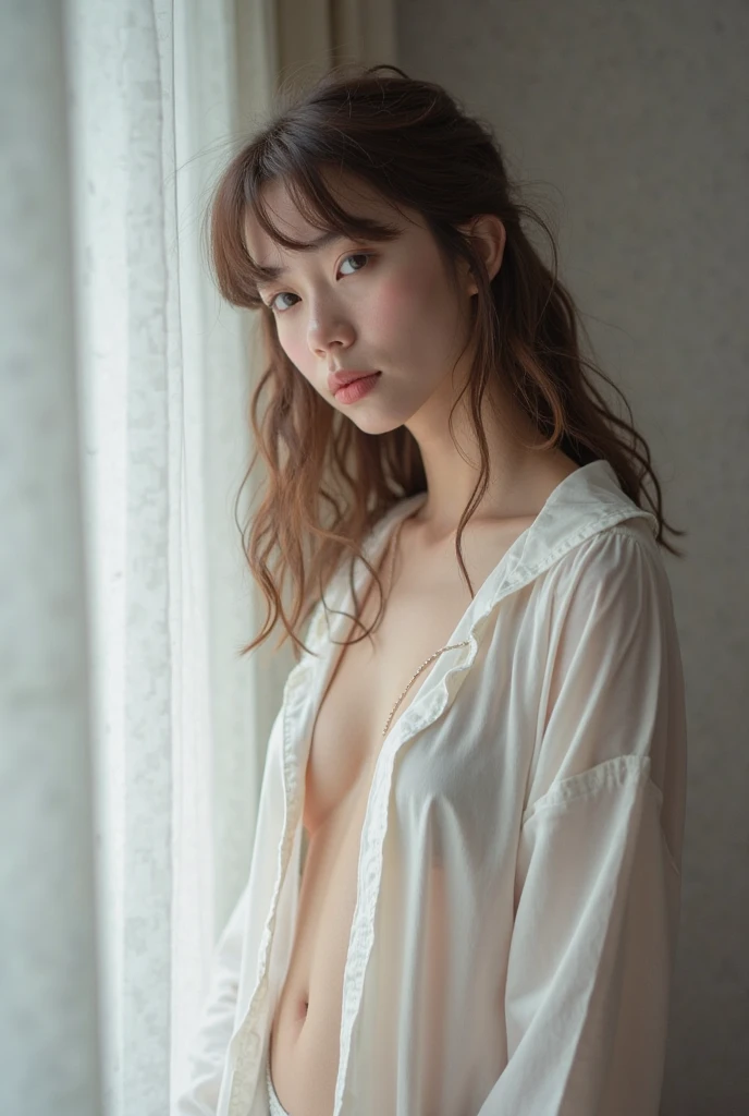 masterpiece, Best Quality, 8K, 20 yo, huge breasts, cuddly, Solo, sad, Cute, Girly, Delicate girl, Neat and clean beauty, Raw photo, Professional Photography, Portrait, Soft light, Professional Lighting, Back lighting, Upper body, front view, Sophisticated, Film grain, (Eyes and faces with detailed:1.0), short length floating hair, beautiful flowing hair, bangs, Lace Lounge Shirt