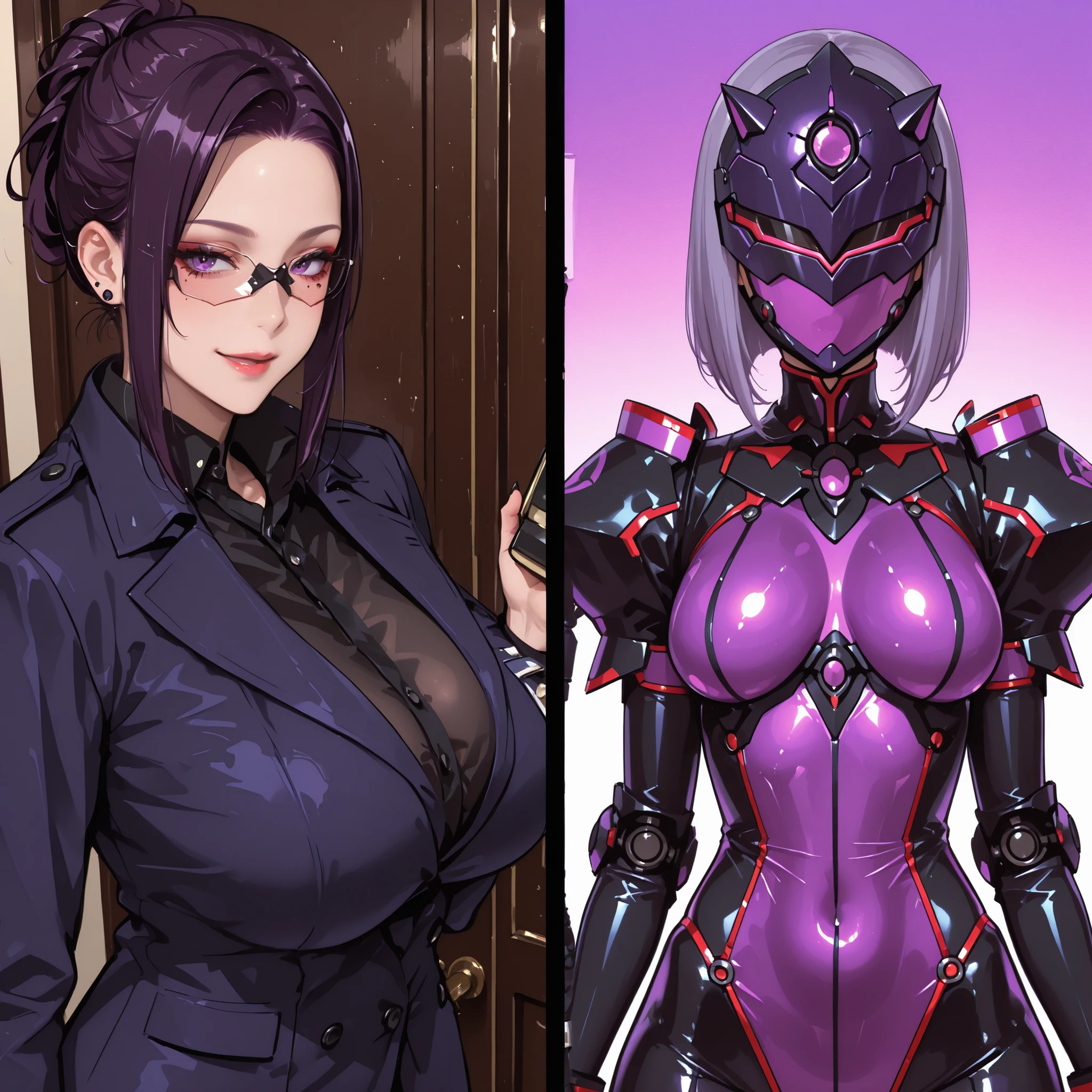 Split screen. Kaijin girl. Scorpion motif. Reddish purple image color. Biological bodysuit. Mechanical full face mask. Scorpion motif helmet. Sharp claws. Has a whip. Pert breasts. Spiky armor. Slim waist. Tilted posture.