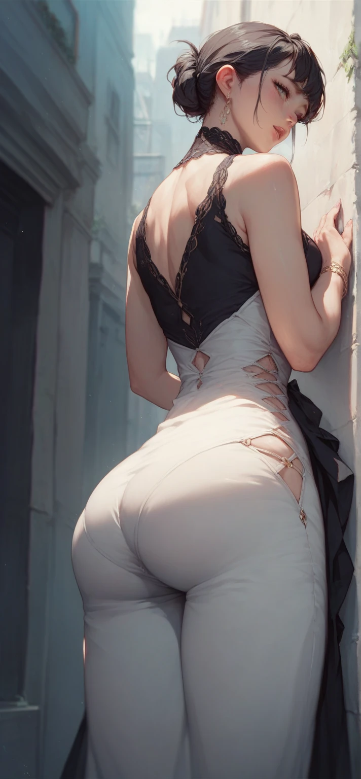 ((Biologically correct limb count))、((Full Body Shot, Full-body photo including face、Head to toe photos))、4K、masterpiece、((Focus on the face))、((Symmetrical facial features))、Eyes of meticulous depiction、One beautiful woman、Excellent style、(panties、Black garter stockings、High heels with anklets)、Detailed Description、Small earrings、necklace、Looking back while climbing stairs