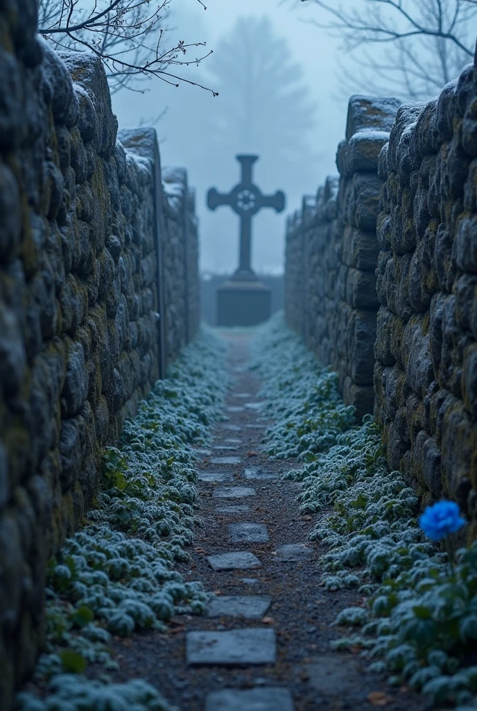 A village cemetery at night, a white haze covers it, there is also a little frost
, the walls of the cemetery are shiny because they are mine stones. in the distance, at the foot of a wooden cross, A blue flower grows.