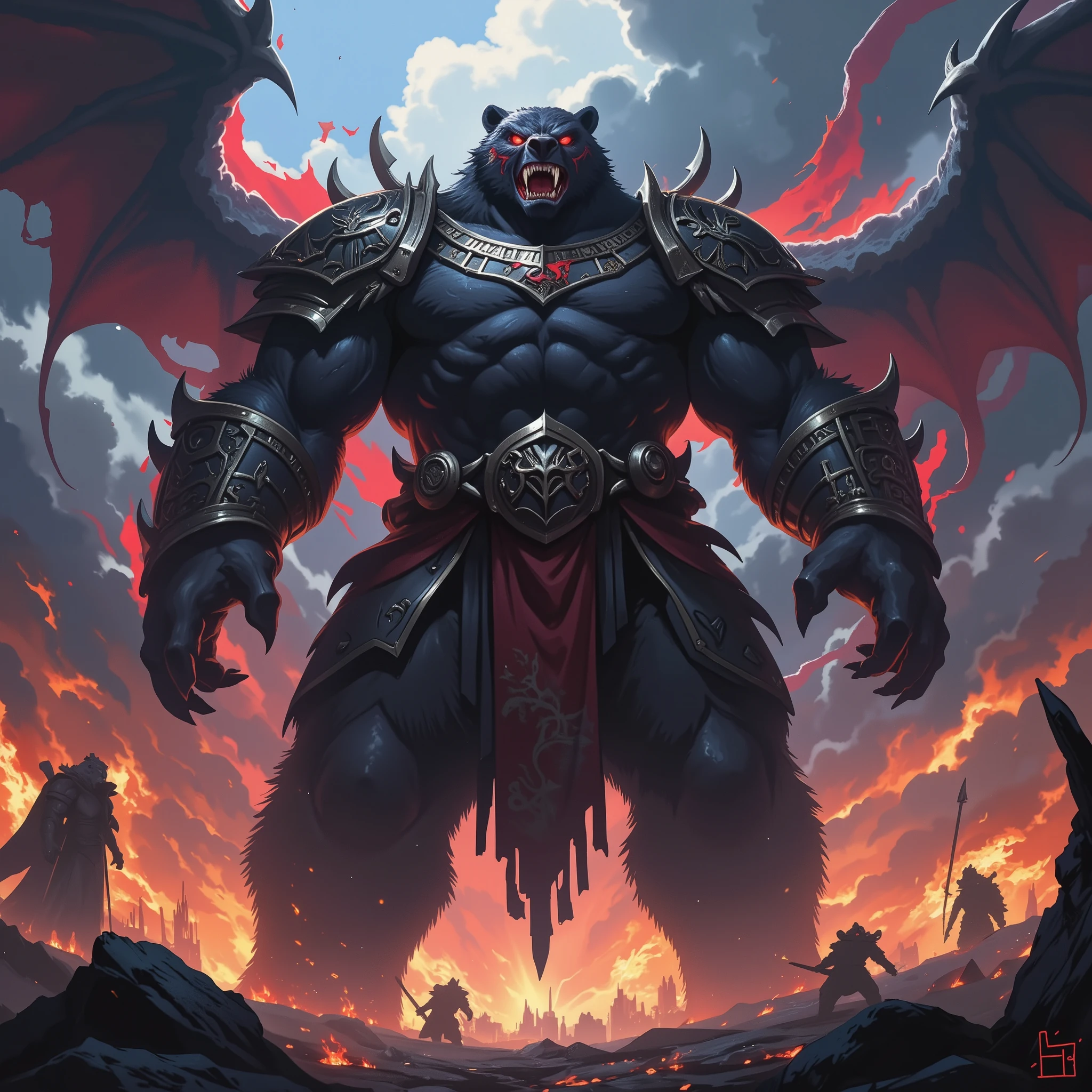 Warrior Bear, Shadow Bear, scar across the face, God of Bears, battlefield, black armor, high definition, evil grin, Bear made of shadows. High quality details. Fire.
