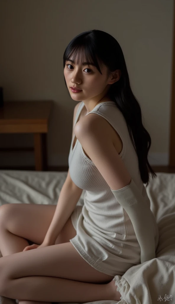 A woman wearing a white shirt and skirt is taking a photo, Yoshitomo Nara, deayami kojima, takada akemi, Young and cute gravure idol, Chiho ashima, Friendly and seductive smile, Young Sensual Gravure Idol, aoi ogata, Chiho, Cute seductive smile, Japanese Model, Revealing clothing
