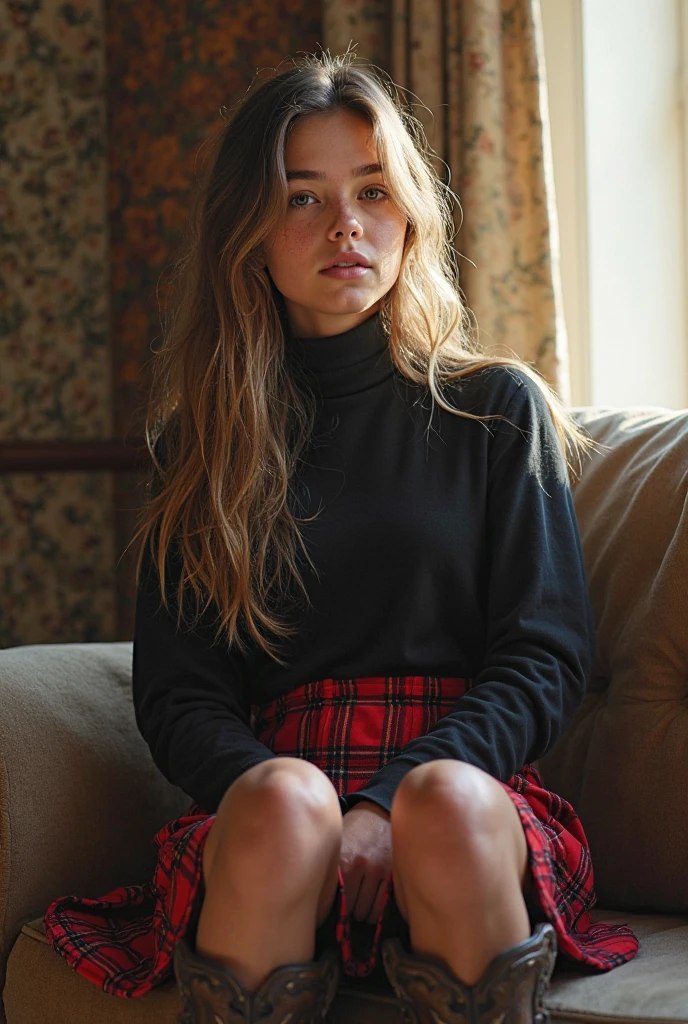 Bondage by red rope Teenage girl brunette 15 years old in skirt in room