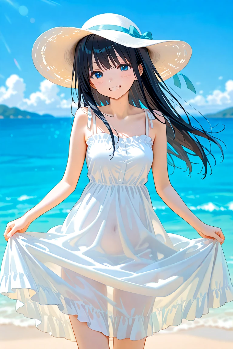 Solo, cowboy shot,Sonoda umi,(white see through beach dress), breasts,outdoors,day,hand on hip,water drops