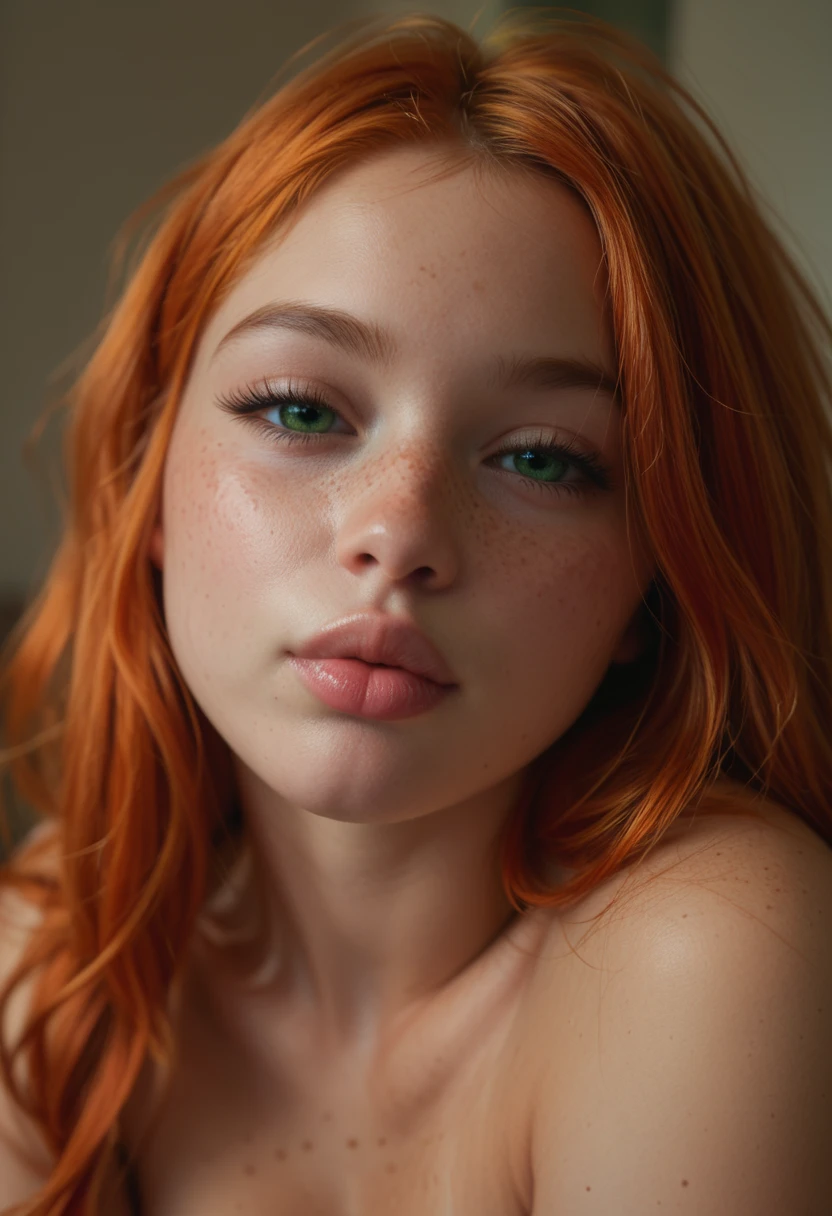 tiny ULTRA REALISTIC, cute girl, cute face, big green eyes, full lips, long orange red hair, skinny, huge breast, Extra huge ASS, thick thighs, pale skin, a lot of freckles, TINNY WAIST. close-up face, kiss
