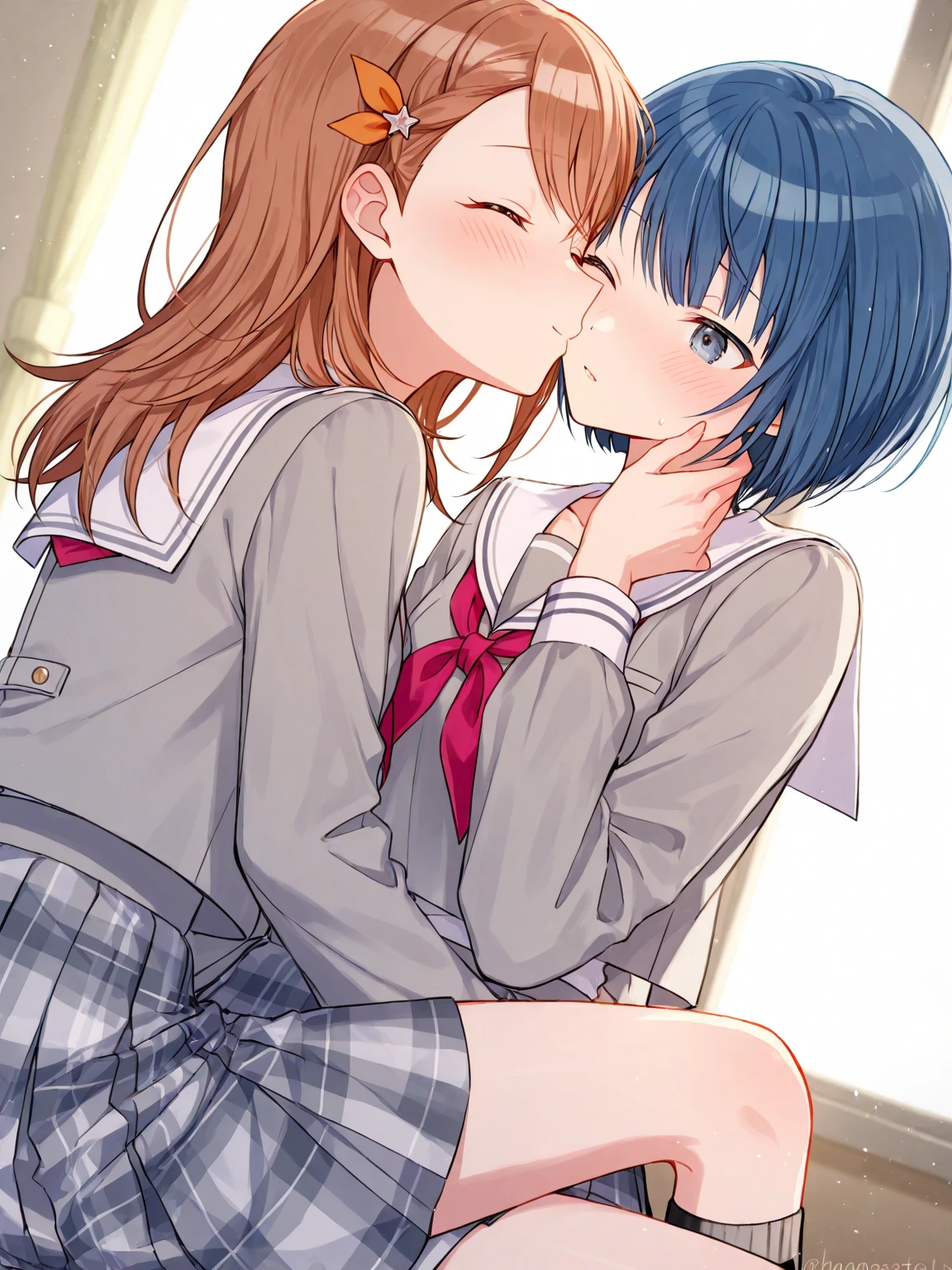 (masterpiece, best quality, ultra-detailed, high resolution, detailed eyes), takeda hiromitsu style, {{{2women}}}, school girl uniform, {pet collar}, french kissing, looking at viewer, (blushing:1.3), (tongue out:1.3), (drool:1.4), breath, orgasm, sweaty skin, face focus