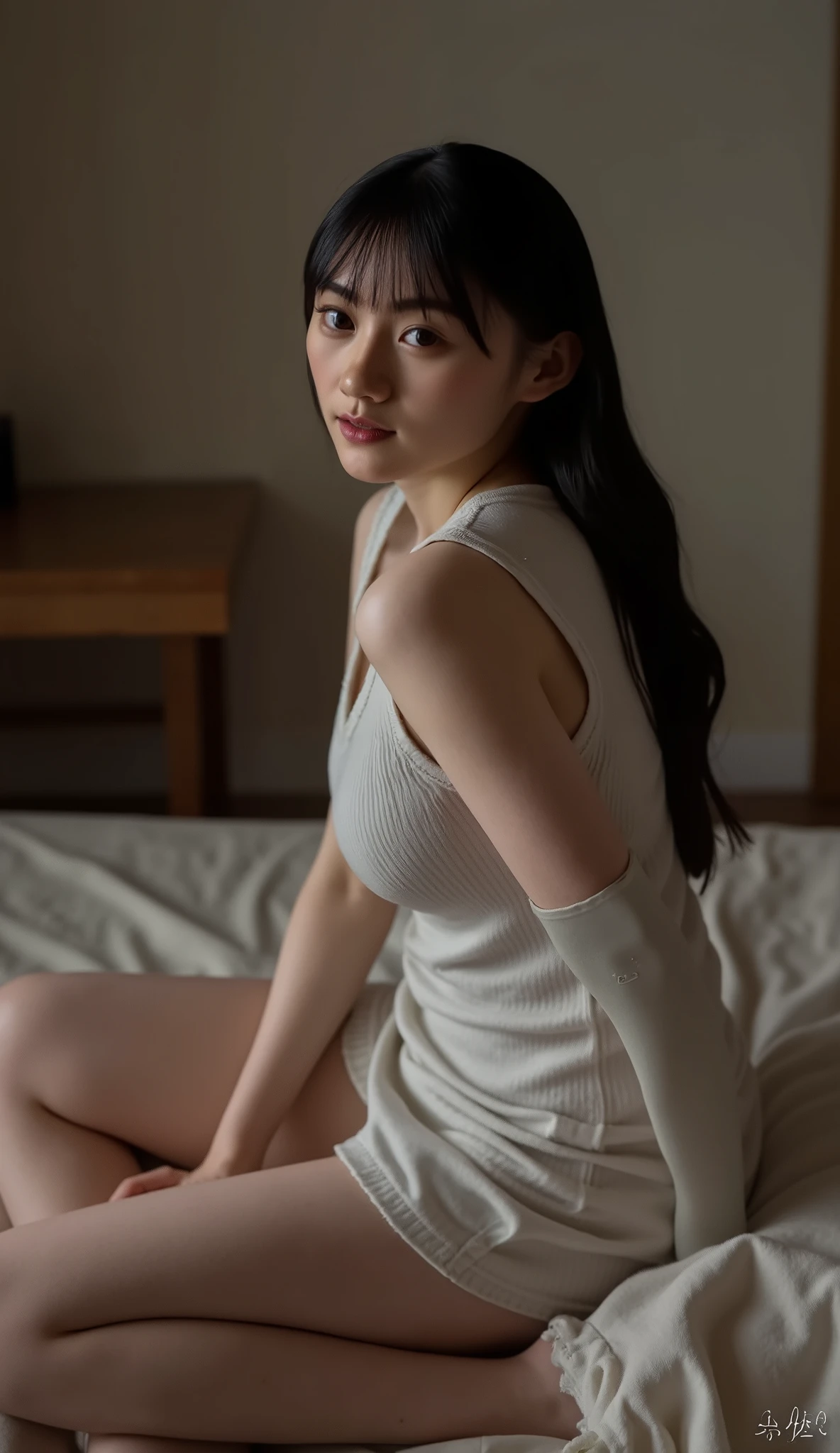 1 girl, solo, nothing, masterpiece, accurate, Anatomically accurate from the toes to the head, Highest Quality, details , High details , Very detailed depiction , , Room lighting. (long black hair, Hipshot, I can see her charming thighs). (wearing a tank top, Plate skirt), (button your shirt, button, Open button), super miniskirt), chest, (girl sitting on bed, The girl was crossing her legs), details skin, realistic skin with a spear, Throw your arms back and、 lean your arms on the bed、(skinny, a slender body, slender body)