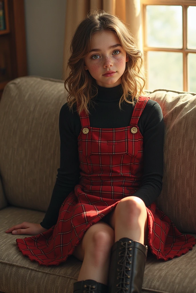 9 year old girl, blonde hair, wearing a red cute dress, in a living room