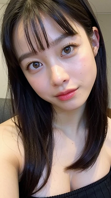 (8K, RAW Photos:1.2), Detailed face and eyes, Highest quality, Ultra-high resolution, Very detailed, Ultra-intricate details, Tabletop, Very cute girl, Soft cinematic light, Hyper Detail, Sharp focus, super high quality, Long wavy hair with black hair, A cute 16 year old girl, Very beautiful plump G cup, The whole body is shown, Quite embarrassed,Really kissing face, Plump whole body, Inside the stylish lounge, topless, Very beautiful nipples, Full body nude, Extremely realistic skin texture, Smiling and looking at me, Appearance with wide open crotch