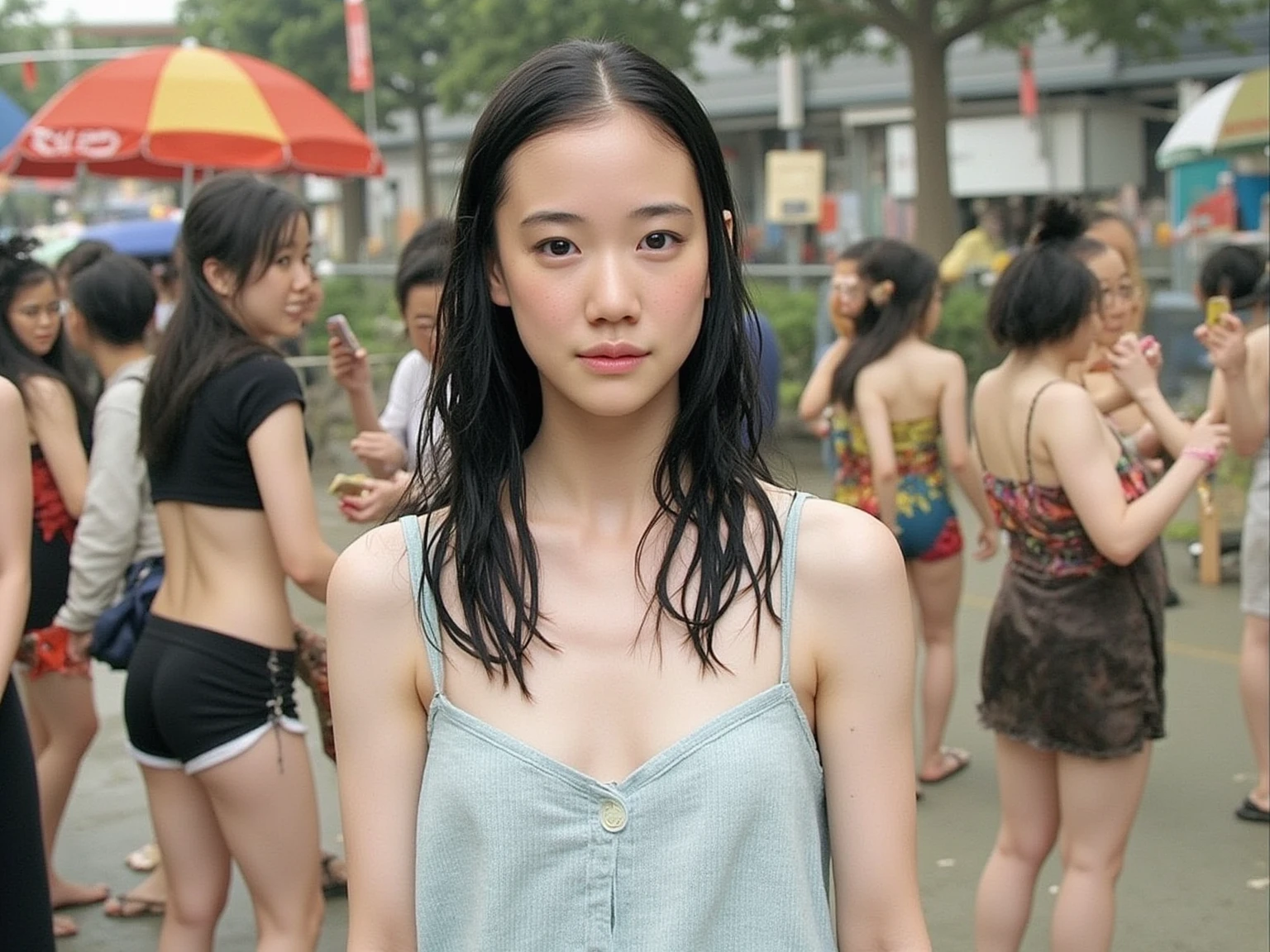 1 Japanese beautiful girl,28yo girl, Super beautiful detailed face, (smile:1.4), earrings, (black semi-long straight hair with parted bangs:1.6),(front view:1.5), (medium shot), (chubby body), (neutral-colored large areola:1.4),(nipples), BREAK, masterpiece, best quality, ultra quality, high quality, realistic, photo realistic, RAW photo, hyper detailed, intricate detaile,(crowded street:1.2),cinematic lighting, BREAK ((completely nude:1.5)), (wet body),(wet hair), ((dark cloud and sky)), raining, (rain filtered), (rain splashes in water),(lightning:1.3),(raindrops:1.1),(downpour:1.2),(raining:1.3),(above knee shot),((from front)),(hairy pussy:1.4),(camel toe),(naked),