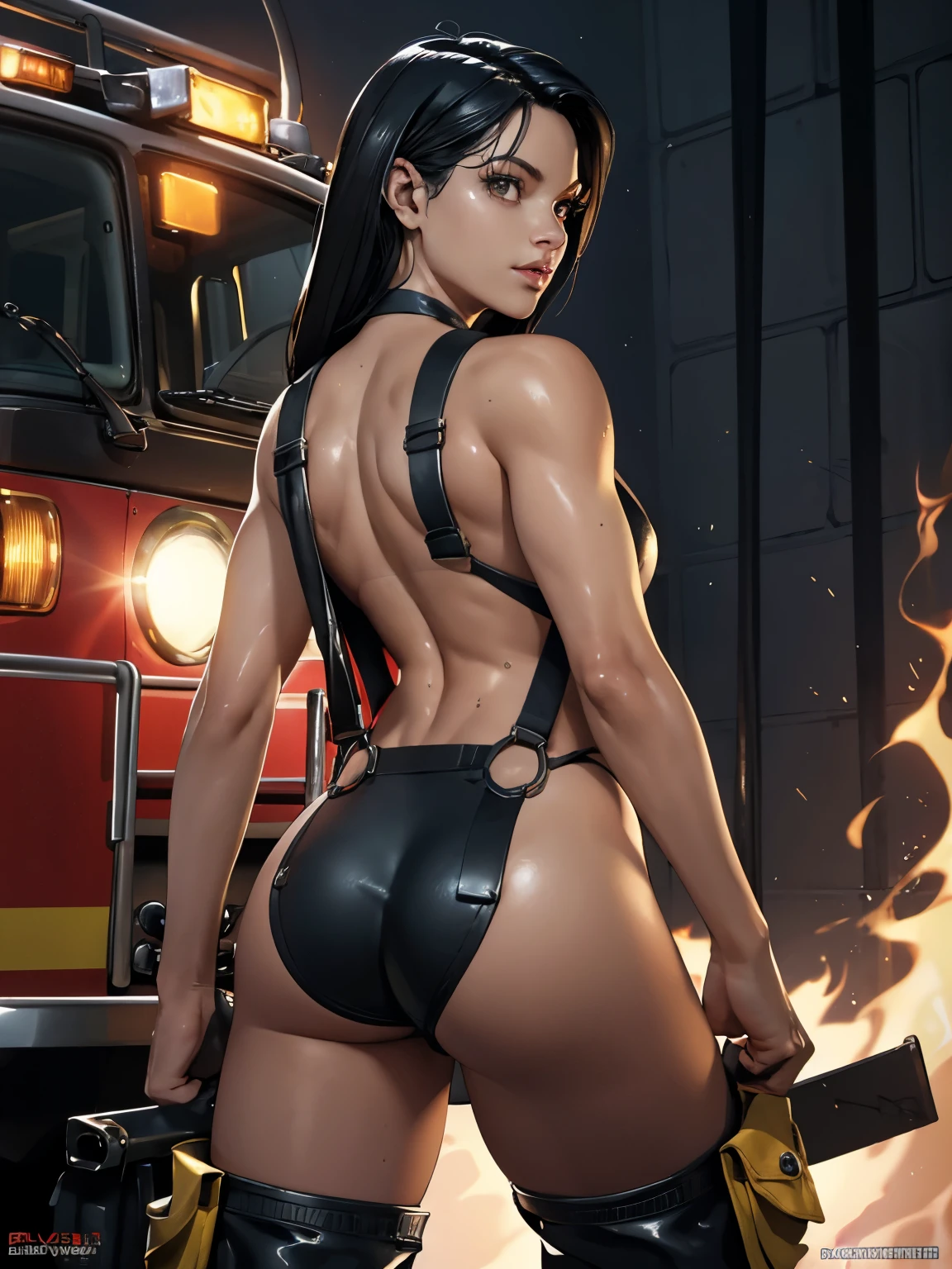 Beautiful alluring firefighter woman, wet oily sweaty dirty Skin, wearing black suspenders and yellow baggy pant, carrying a toolcase on a belt at her waist, topless, in front of a firetruck, toned muscels, abs, Bare Skin, Athletic Well Toned Body, Elegant Form, dieselpunk, Beautiful D&D Character Portrait, Fiverr Dnd Character, Octane Render, Digital Art, Extreme Detail, 4k, Ultra Hd, Polished, Beautiful, Hyperdetailed, Intricate, Elaborate, Meticulous, Photorealistic, Sharp Focus, Wlop, Character Design, Unreal Engine, 3d Rendered, Volumetric Lighting, Reflections, Glossy, Digital Illustration,Sensual Pose, Suggestive Pose, Full Body Shot, Lewd, beautiful perky breasts, visible breasts, anatomically correct ,viewer can see her ass, perky ass, view from behind, 💖❤💕💋❣