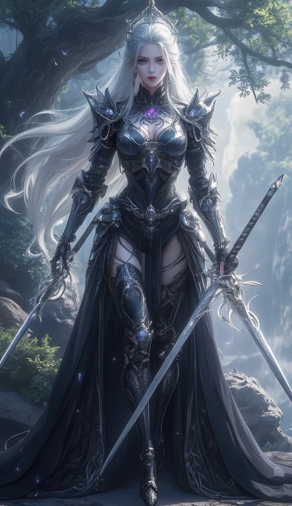 ((masterpiece, best quality)), (extremely detailed CG unity 8k wallpaper), realistic style, solo, ((female)), dark elf, long pointy ears, charcoal grey/eggplant purple colored skin, dark facial skin is the same shade as body skin, very long hair, silvery-white hair, ponytail, fiery red irises with eye whites, well defined eyes, upturn eyes, upturn brows, large breasts, cleavage, midriff, athletic build, Attire: Gothic/Tribal style, iridescent chrome tiara/headdress, iridescent chrome gorget, iridescent chrome pauldrons, Metallic Purple colored sheer silk bikini top, intricate iridescent chrome wire spiderweb design over breast, spiderweb centers over nipples, iridescent chrome spider brooches over nipples, Metallic Purple colored sheer silk double side split dress bottom, iridescent chrome belt, iridescent chrome cod piece, iridescent chrome fauld, Metallic Purple colored cape, mid-thigh high black leather and iridescent chrome boots, Area setting: a vast underground cavern, bioluminescent mushrooms/plants, dark elf city of exotic architecture, subject is walking confidently down a wide pathway, carrying an exotic magical pole arm weapon/magical staff, looking straight ahead, full body view, Dynamic Pose, Viewer POV: Front, / front right flank,/ front left flank, Low lighting, ambient, soft glow,