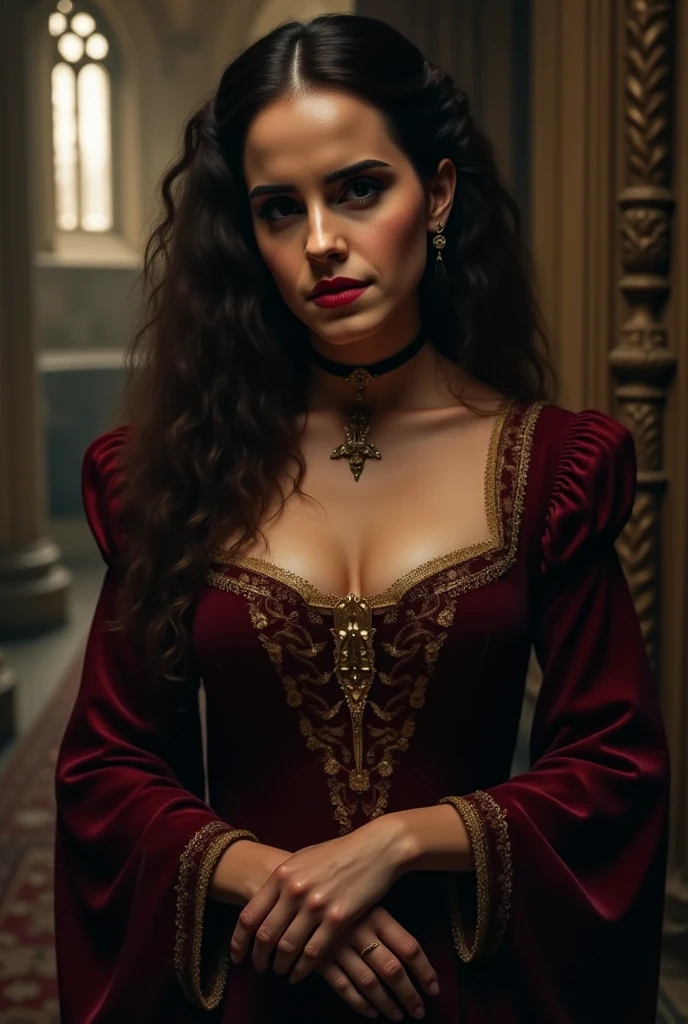 ((masterpiece, photorealistic:1.4, extremely intricate:1.3, photon mapping, radiosity, physically based rendering, ultra resolution, hyper-realistic, photorealistic:1.4, hyper-realistic, 8K)), ((solo athletic teenage supermodel, (satisfied, serious, aloof, [large breasts:huge breasts:0.5], (((topless)) fantasy black red brocade low cut elegant dress, plunging neckline, off shoulder revealing deep cleavage, humid, glisten, ((queen))), emerald necklace, Makeup:1.0, red lips, straight hair [blonde hair:dark hair:0.5], [skin detail:freckles:0.7]))), fujicolor, she is standing at the top of ((stone stairs)) in a medieval church with chrome windows
