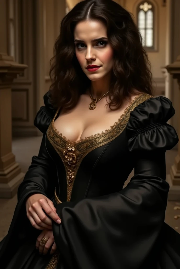 hyperrealism, (photorealistic:1.2), (film grain:1.3), masterpiece, best quality, perfect detail, cinematic lighting, professional photo, realistic photo, raw photo, medieval style, gorgeous middle-aged medieval queen, very thin, large breasts,  medieval dress, shoulders open, neckline, crown on head, sitting on a throne, looking at viewers, old photo, gloomy atmosphere,