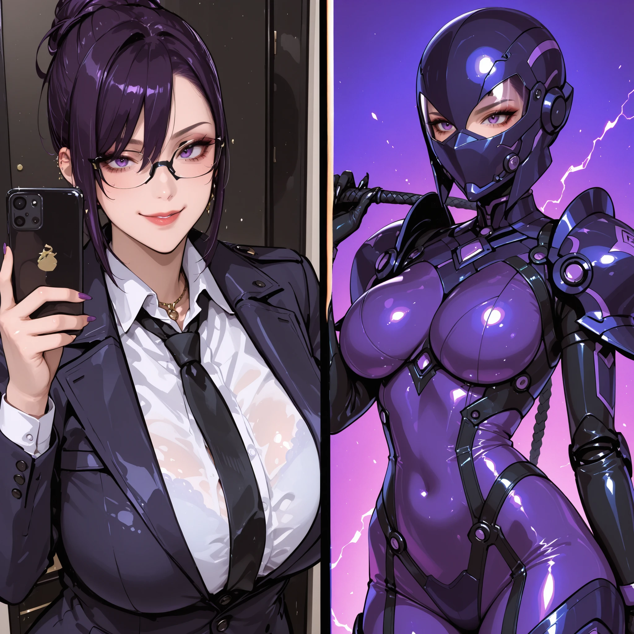 Split screen. Kaijin girl. Scorpion motif. Reddish purple image color. Biological bodysuit. Mechanical full face mask. Scorpion motif helmet. Sharp claws. Has a whip. Pert breasts. Spiky armor. Slim waist. Tilted posture.