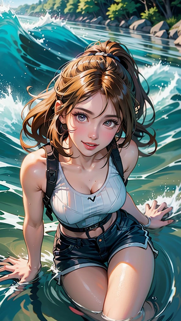 1girl, Uta from the anime "One Piece", (Highly detailed CG Unit 8k wallpaper), masterpiece, ultra detailed, with long and beautiful white hair, stunning red eyes, and a captivating smile, dressed in an elegant white. The background depicts a breathtaking view of the sea, with gentle waves crashing against the shore. Every detail of the girl and the surroundings is rendered with ultra detail, bringing out a sense of realism in the artwork. The color palette is dominated by vibrant and vivid colors, with a focus on the contrasting shades of white and red. The lighting in the scene is subtle yet strategically placed, accentuating the girl's features and enhancing the overall atmosphere. The image quality is of the highest standard, with a resolution of 4k or 8k, delivering a masterpiece that showcases the extraordinary beauty and charm of Uta in an anime art style.