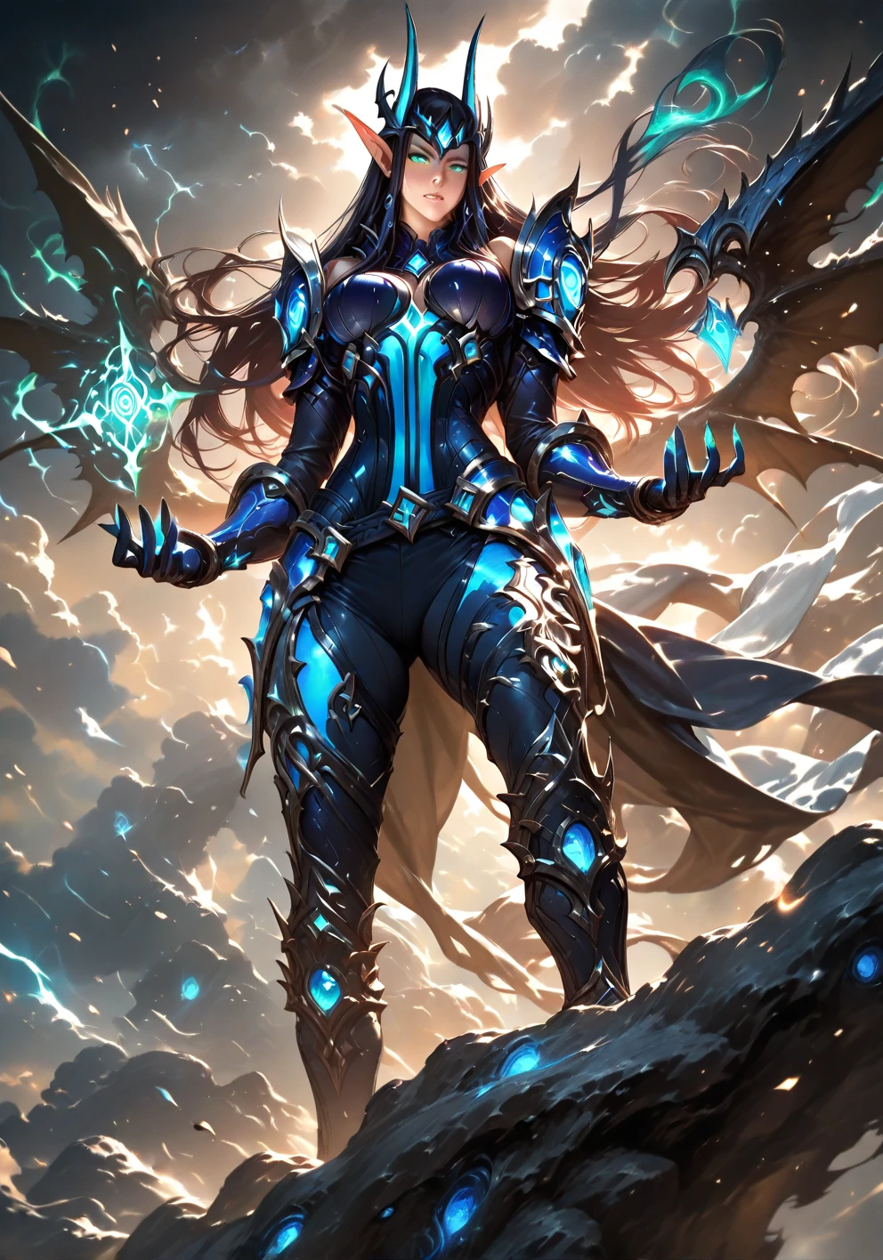 01_(Epic Character) (Dragon Girl). Horizontal composition with some offset from the format in the center. (Very beautiful creature, graceful form). (Alien creature, determined nature, menacingly beautiful). (Dragon girl, a fantastic fantasy image, a creature with pure white skin, created for love, composed of graceful forms shimmering in the light, he is ready to love). (The body is covered with armor, shell). Very beautiful head, alien shape, (hair fetish hairstyle, shamanic amulets). Very beautiful - exotic face, slanted eyes, sensual lips, parted mouth, white - neat teeth, small fangs. A half-naked body with white pearlescent skin, a wide neckline and small beautiful breasts, the body is covered with an exoskeleton, scars, hard black scales, the texture of the exoskeleton is artificial material (stone plastic and bionics, ground, polished, smooth, bas-relief, bionics, cyberpunk - they decorate the protective plates on a very beautiful body, shoulders, knees, arms). Anatomy of an alien creature with pronounced sexual forms. The armor is decorated with scars - notches, relic bas-reliefs of alien significance. 02_The composition is located in a horizontal frame. Eliminate symmetry, the main mass is not placed clearly in the center - with a slight offset. Magical, fantasy, sexy nature. 03_ Cold range of lighting, evening, blizzard, elements, gusty wind, slanting snow whirlwinds, dark blue, snowy background. Contrasting, clear lighting, warm magical light, clear cold shadows, contrasting image. Ice, snow, snow decor, intricate patterns. The highest image quality, a masterpiece, computer graphics. Cinematic level of performance, animated film. HD quality, wide format 8K. 3D visualization. The scene was recreated using the Unreal Engine. The highest quality, detail, texture, materials and clear forms (smooth bionics, synthetic material, artificial stone, plastic.