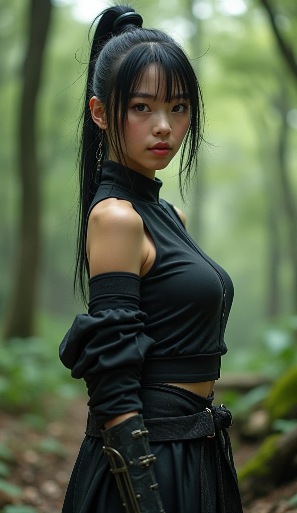 (Realistic, photo-Realistic:1.37),(8k, RAW Photos, Highest quality, masterpiece:1.2), cute, Ultra-detailed, 超High resolution, Kodak Vision Color, Filmed with an Arricam LT camera,Highest quality, sexy、Nipples are visible、Cleavage、Lively, 8K, High resolution, 1 girl, Escape, (Professional Lighting), (Portraiture:0.6), Moss-covered Japanese garden、bamboo forest、bamboo forestの中を駆け抜ける、moonlight、Straight bangs、Japan House、Ninja House、 Braided hair、Braided Hair、Black Hair, (Medium Hair),21 years old、slender、With an evil smile、With a shuriken、Japanese,Medium Hair、(RAW shooting, Photorealistic:1.5, 8k, Highest quality, masterpiece, 超High resolution), Ninja with weapon in hand, Slim female ninja holding a sharp dagger:1.3, Fight:1.2, beautifully、aesthetic, キュートでsexyな美女, Perfect Style:1.2, Wear an exquisite ring, Fair skin, Very beautiful face, A faint smile, (Wearing a turtleneck ninja outfit), Cowboy Shot, No mask, ninjitsu pose, Neon Light, ninjitsu style, Magic Light, Chakra Light, aura