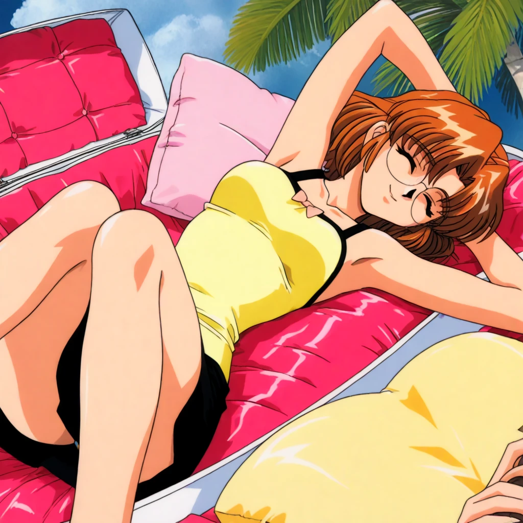<lora:Shindou_Reiko:1>, ShindouReiko, swimsuit, flower, hibiscus, long hair, breasts, one-piece swimsuit, 1girl, hair ornament, hair flower, blonde hair, cleavage, nail polish, lying, drink, brown hair, tropical drink, retro artstyle, smile, jewelry, lounge chair, on side, purple eyes, 1990s (style), beach, brown eyes, medium breasts, solo, drinking straw, bracelet, chair, large breasts, casual one-piece swimsuit, table,
masterpiece, high quality, very_high_resolution, large_filesize, full color,
