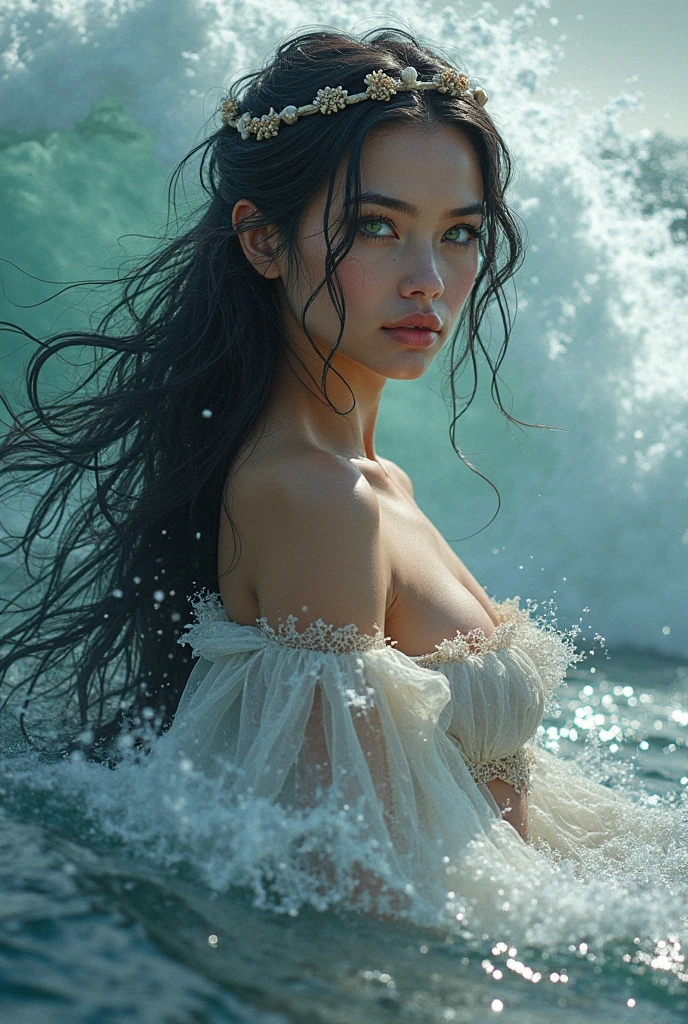(Masterpiece, Top Quality, Best, Official Art, Beautiful and Aesthetic, Long Exposure: 1.2), Smooth Movement, Fascinating Patterns, 1 Girl, Adult Russian Woman, Freckles, Jade Eyes, Black Lob Hair, Portrait, Solo , upper body, gaze at observer, detailed background, detailed face, (crystallineAI, crystalline theme:1.1), elemental water sprite, spinning water, controlling water, fantasy magician clothes, dynamic pose, floating particles, ethereal dynamics, water , steam, ocean in the background, blue tones, coast, ethereal atmosphere,