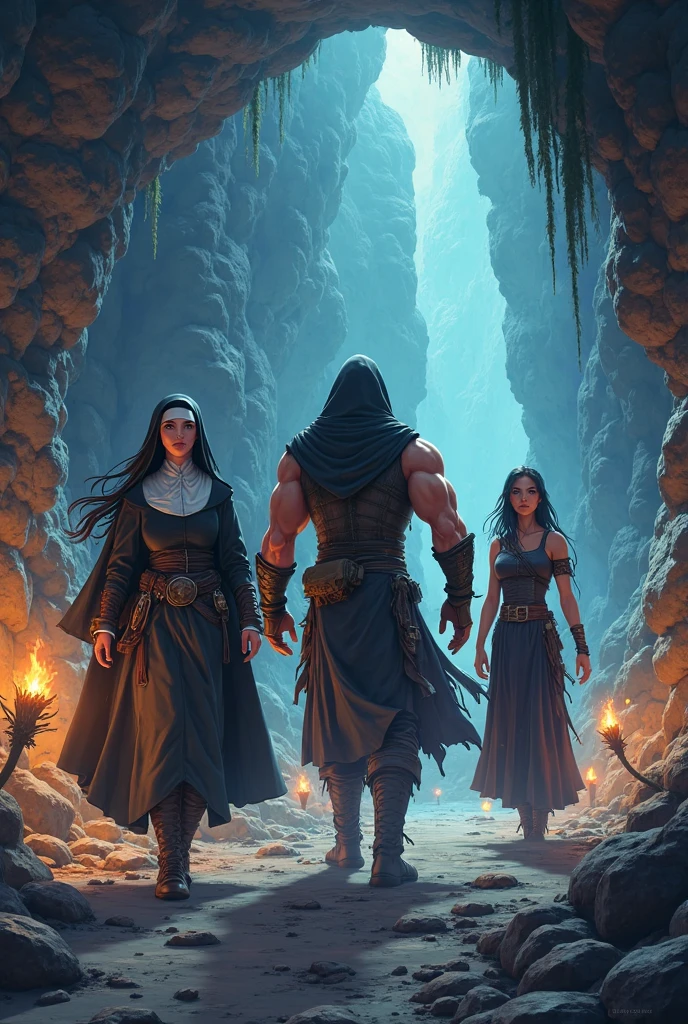 A group of adventurers with a busty dark elf and a mage, a classist Elf cleric, a half-orc bard with pigtails and a Tiefling with long black hair and white sorceress skin