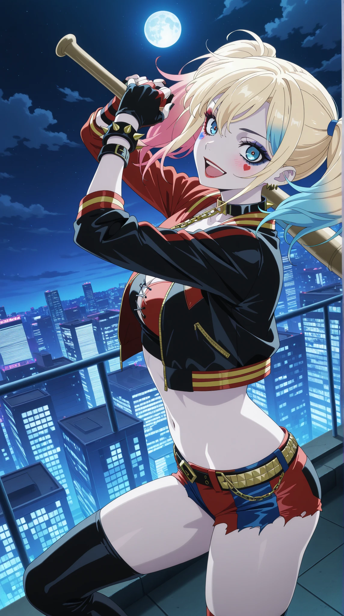 1girl, Harley Quinn, \(Suicide Squad ISEKAI)\) ,intricate details ,anime screencap, best quality, solo, anime coloring, colorful composition , artistic photoshoot ,This is a side-by-side photograph oforigami isekaiquinn, makeup, heart facial mark, streaked hair, blonde hair, blue hair, twintails, blue eyes, smile, open mouth, small breast, blush, natural moonlight, detailed beautiful, thighhighs, gloves, navel, cleavage, jewelry, jacket, open clothes, shorts, black gloves, midriff, black thighhighs, fingerless gloves, collar, bracelet, open jacket, black jacket, crop top, torn clothes, short shorts, tattoo, chain, spikes, cropped jacket, spiked bracelet, spiked collar, micro shorts, multicolored jacket,rooftop, city,cloud,moon,night time, standing, from side,  looking at viewer, dynamic angle , dynamic pose,((Swinging a metal bat))