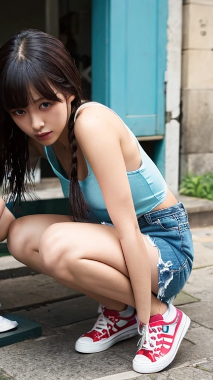 micro bikini,solo looking viewer,leaning towards,full body,20 years old,saitou asuka,squatting,arms at behind,(in front:1.2),low angle,gravure,poseing,photo,saitou asuka,nsfw,wide shot,