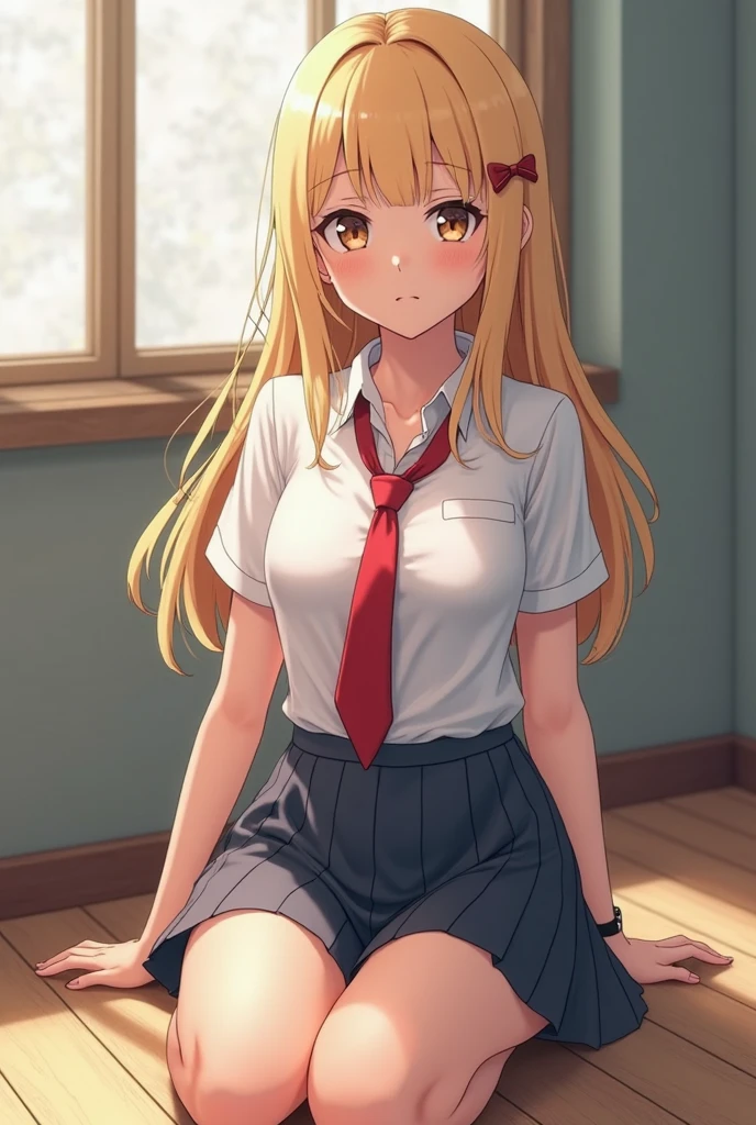 1girl in、A smile、The shirt、skirt by the、(small tits)Chilarism、Japan High School Student Uniform、serafuku、summer clothing、Squall Drenched Uniform、(Sheer Bra)、Upper body portrait、blonde hair、Squatting panchira、