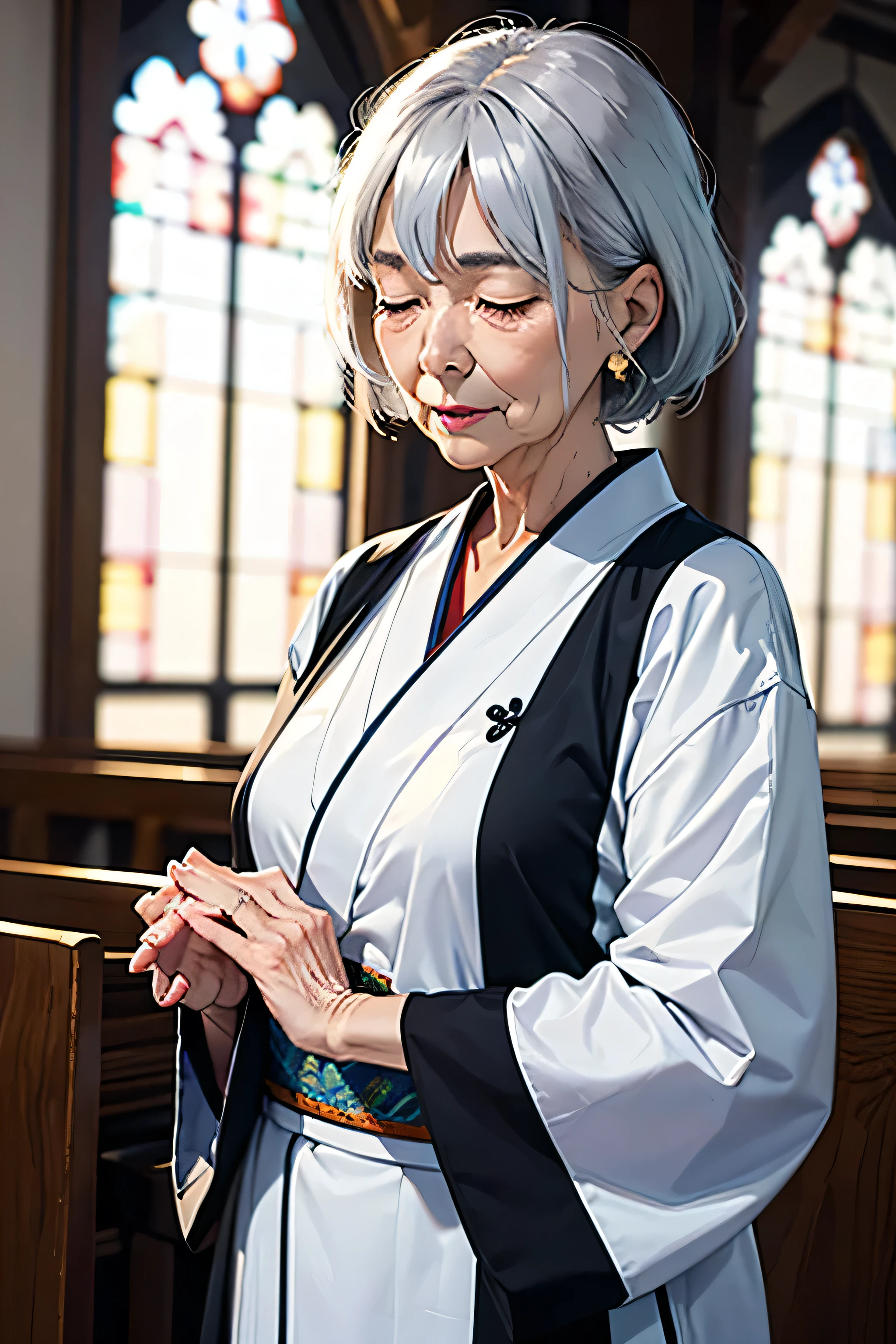 A beautiful old woman with gray hair closes her eyes at church、praying with hands together。Her clothes are white kimonos, facing the front、and she has a beautiful jewel with a heart on her hand