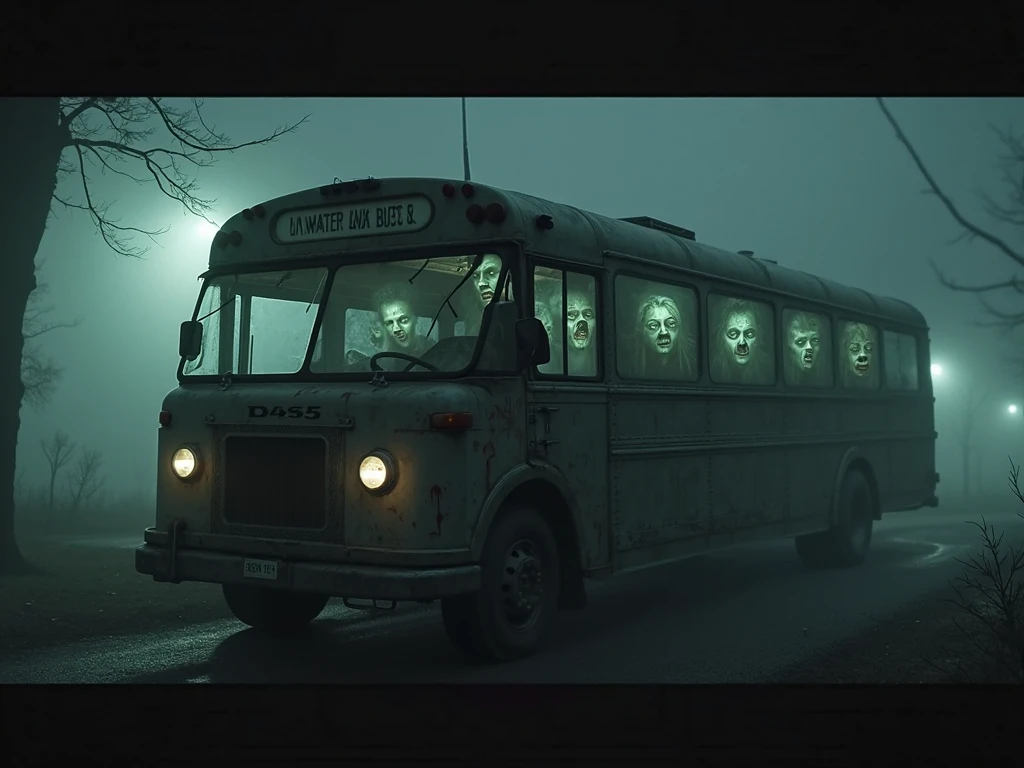 A Group of Zombies Dressed in Post Apocalyptic Animated Clay, In a Plasticine Bus. Powdery Clay Holiday. diorama. Scene from Life. Dark Cartoon. Yellow Plastic. Acidic Aurora Colors.